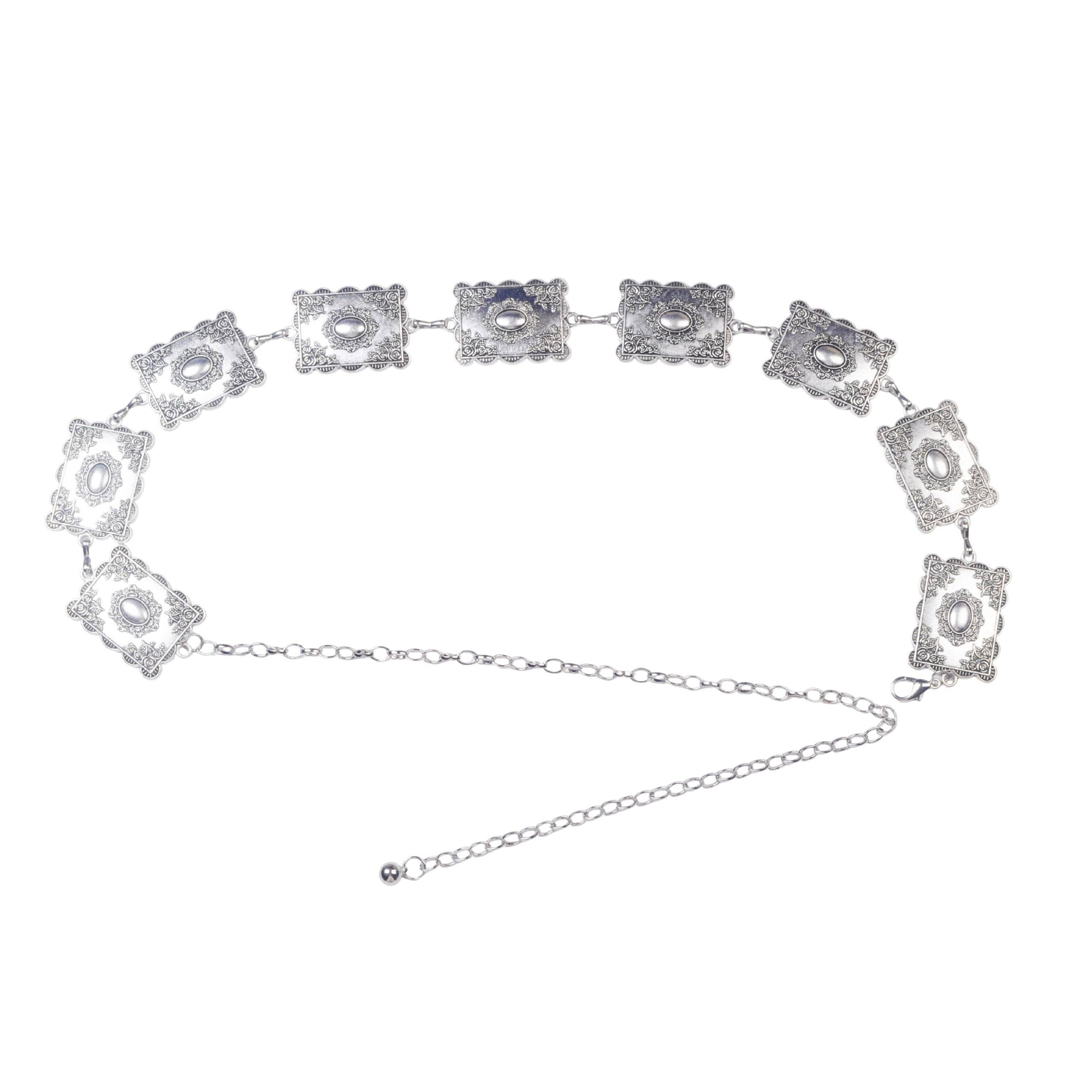 A silver-toned chain belt featuring a series of ornate rectangular links with circular cutout details, displayed on a clean white background.