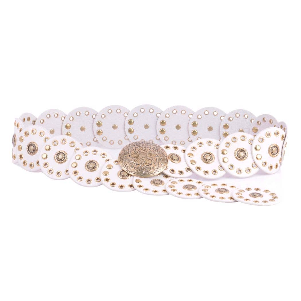 White belt with gold circular studs and a central medallion on a white background