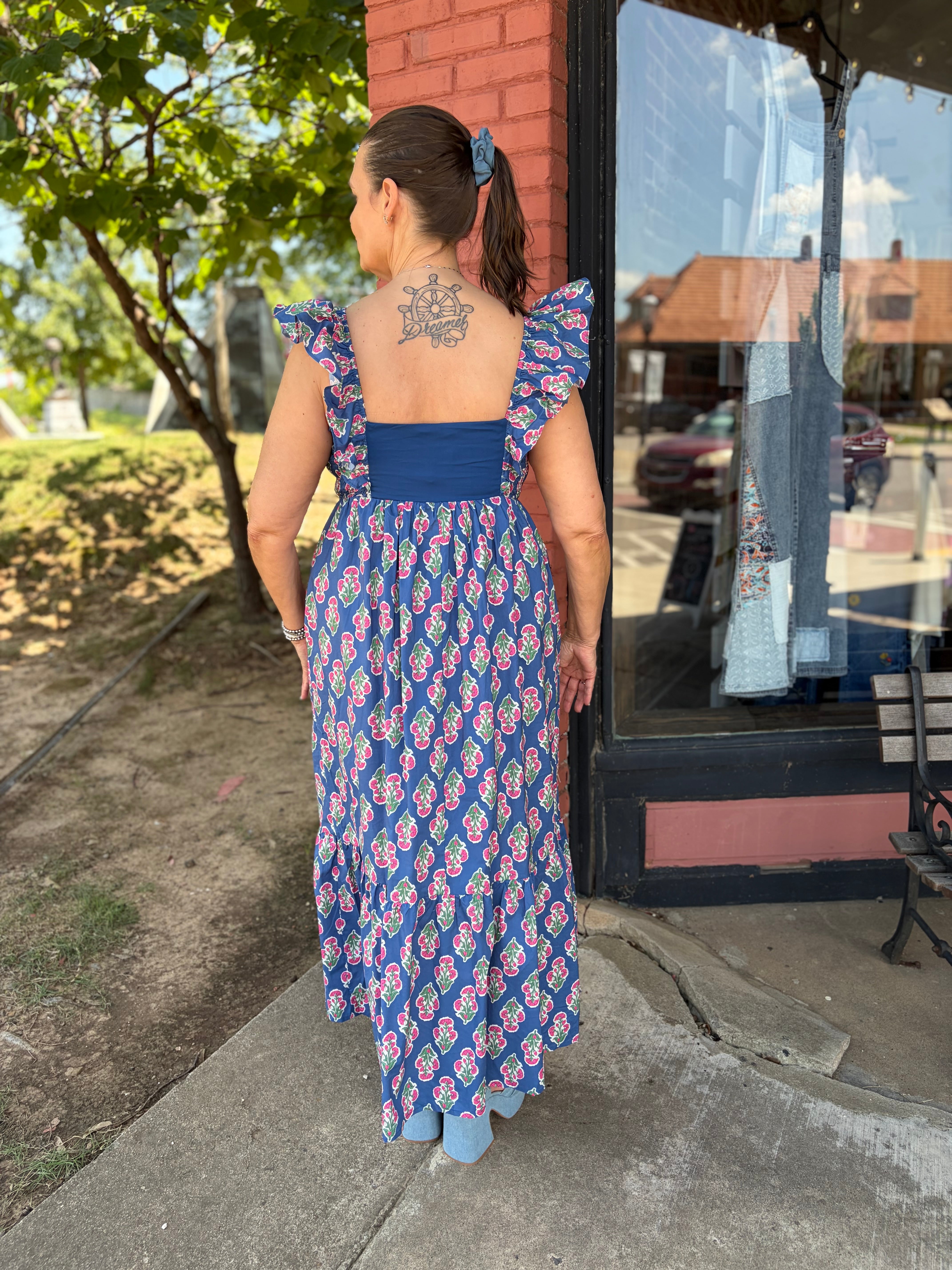Botanical Ruffle Sleeve Midi Dress back view