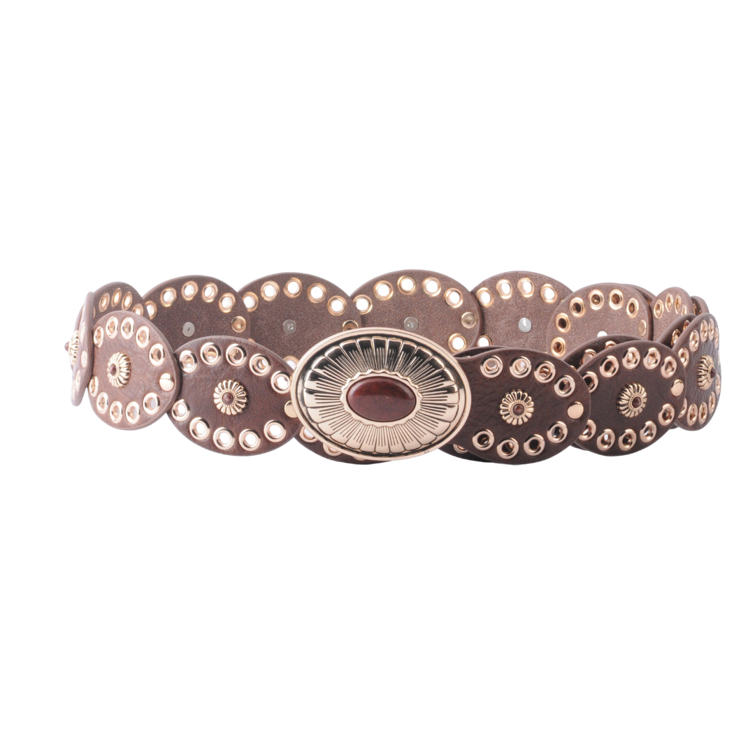 Decorative bracelet with circular patterns on a white background in chocolate