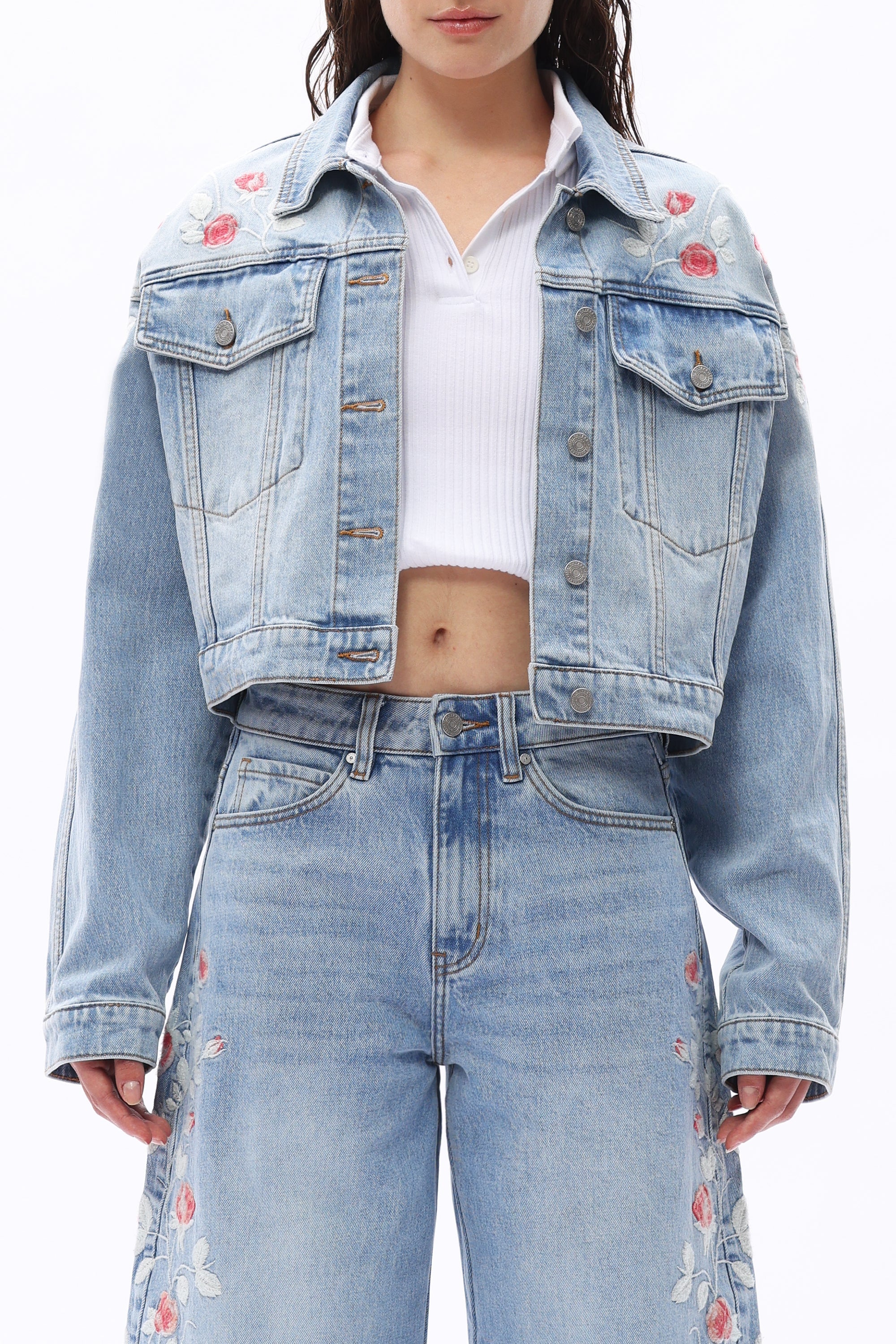 Front view of jacket open Paris Floral Crop Jacket in Denim Floral – vibrant embroidered cropped outerwear by Bayeas, boho-luxe style