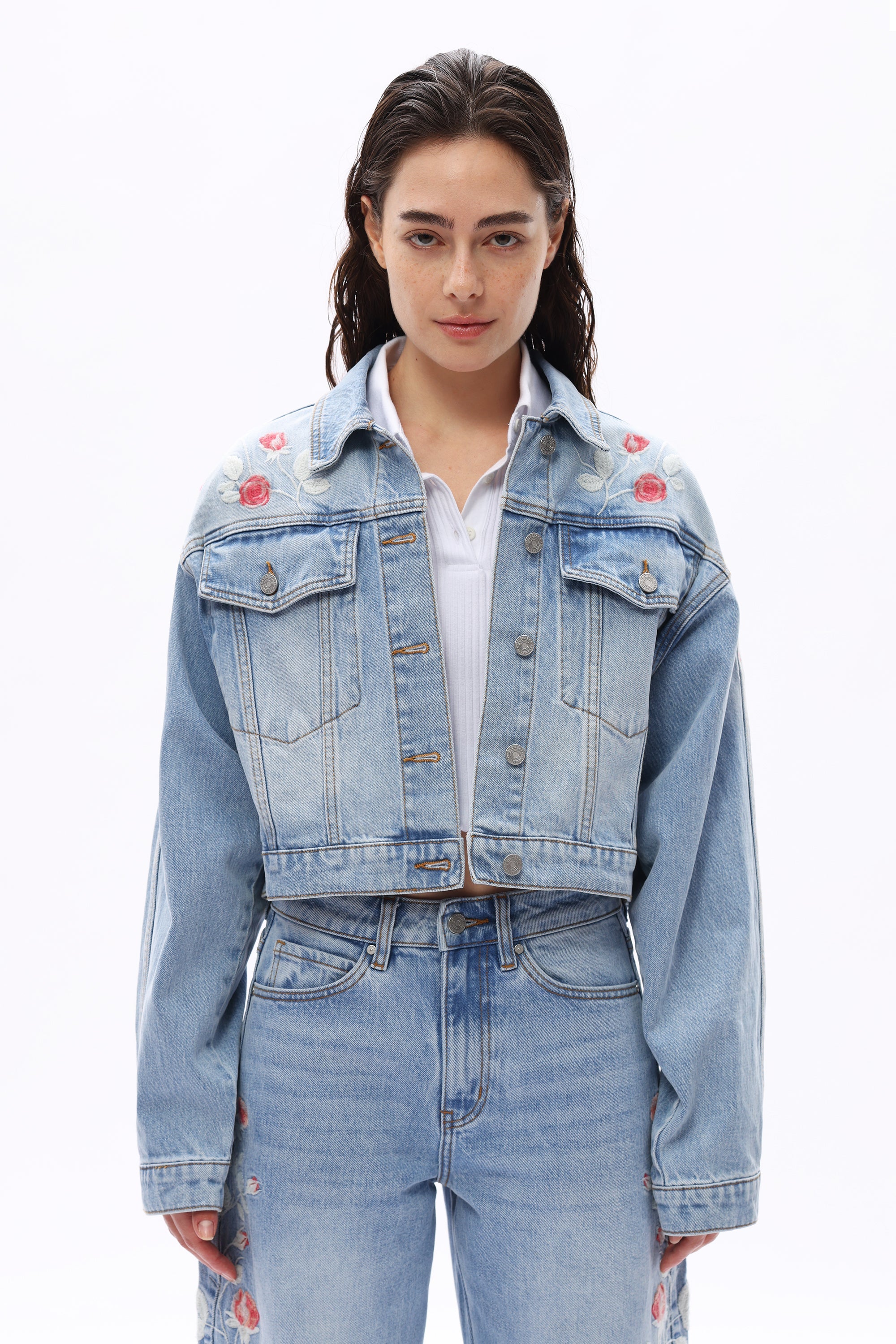 Full view Paris Floral Crop Jacket in Denim Floral – vibrant embroidered cropped outerwear by Bayeas, boho-luxe style