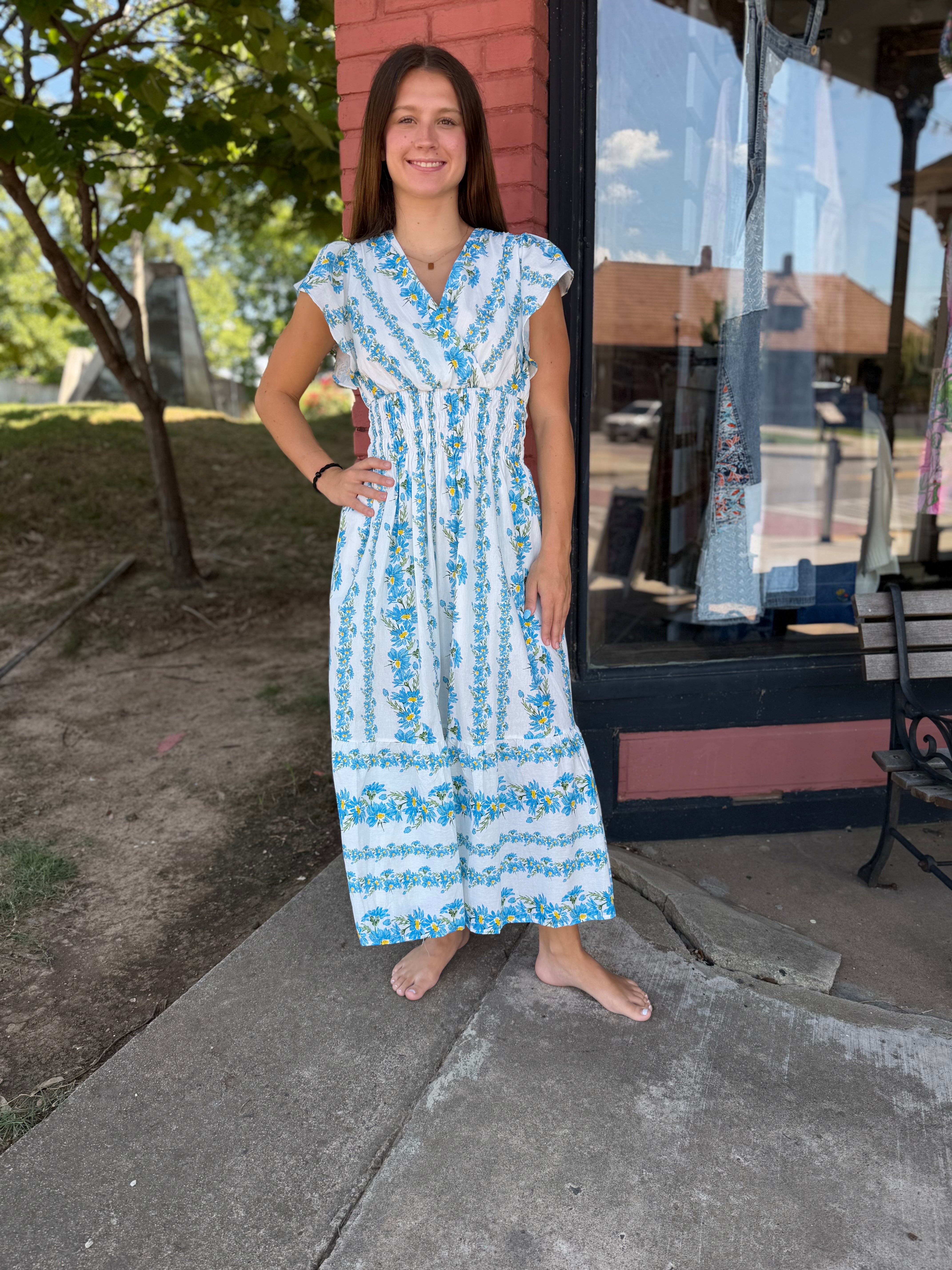 Floral Stripe Surplice Midi Dress full length front view