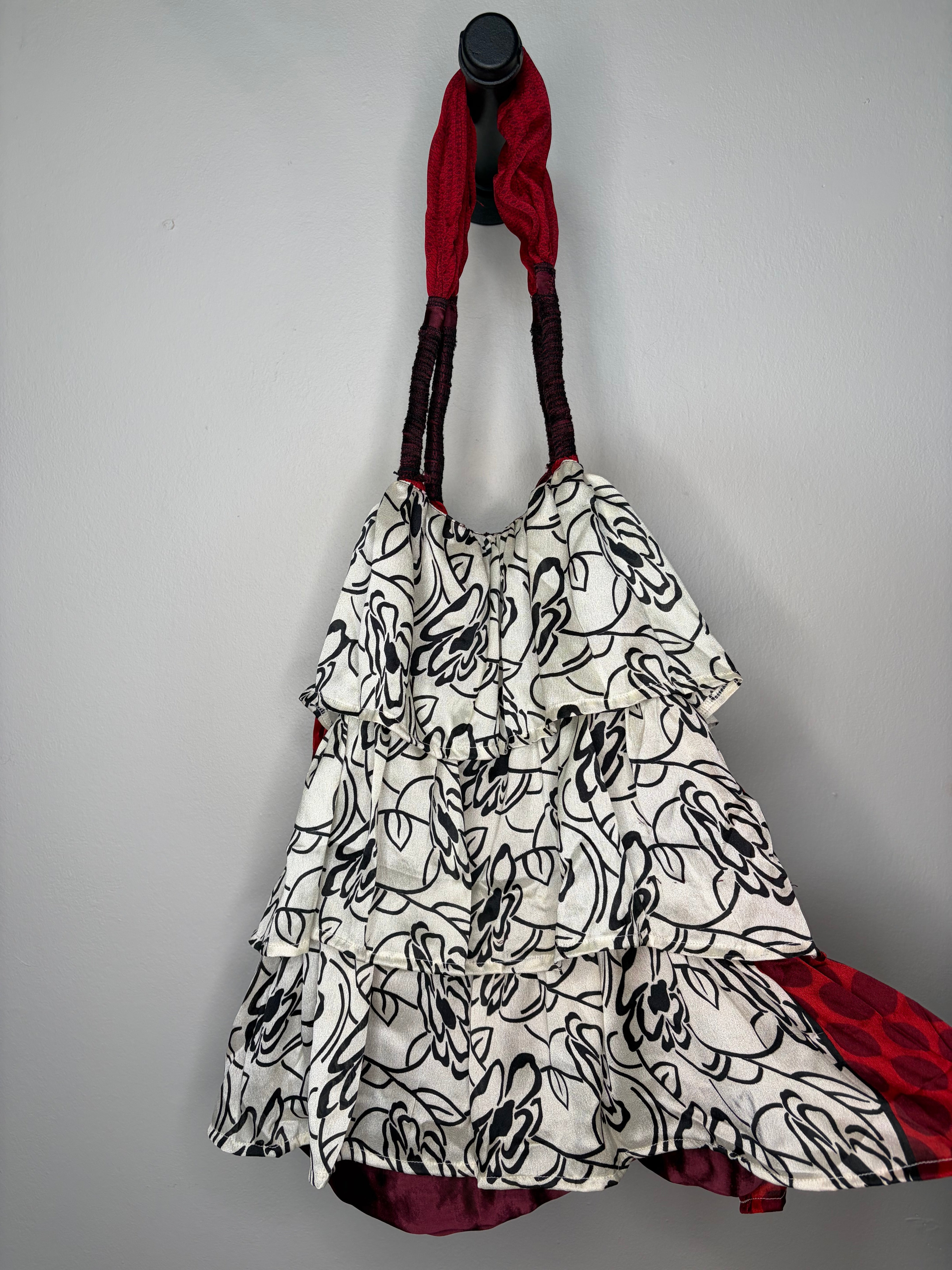 Black & White Red Berry Boho Patchwork Tote