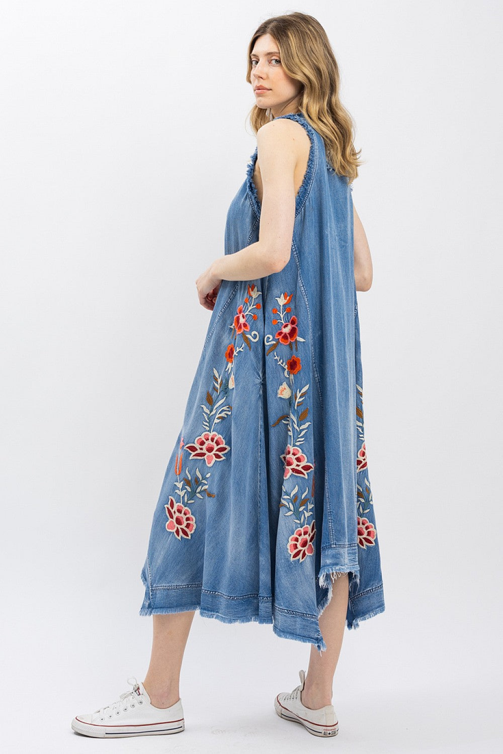 The Indigo Wildflower Dress back view with distressed details and garment-washed finish