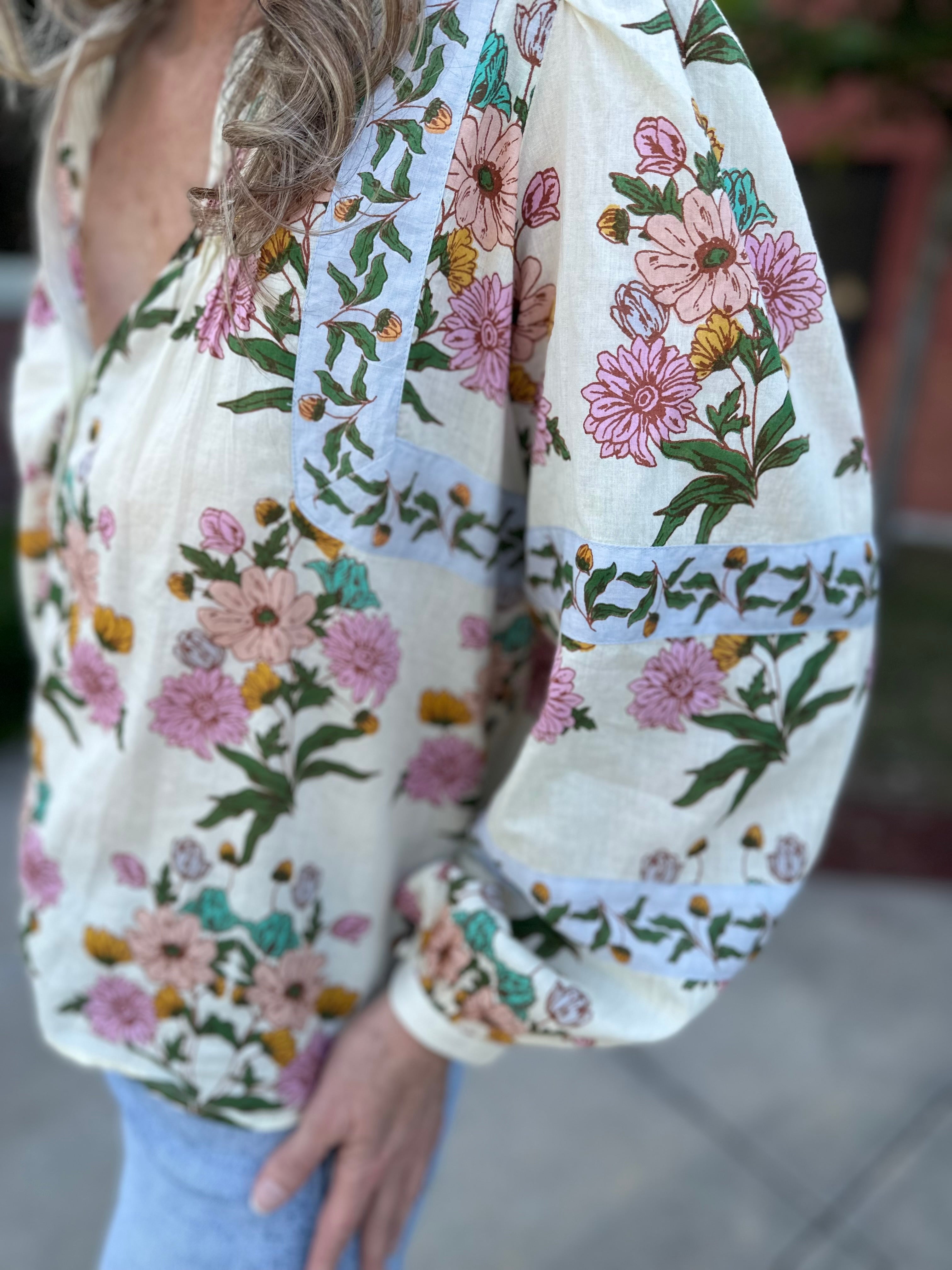 Morning Garden Pin-Tuck Blouse – botanical floral print, split V-neckline, close up view