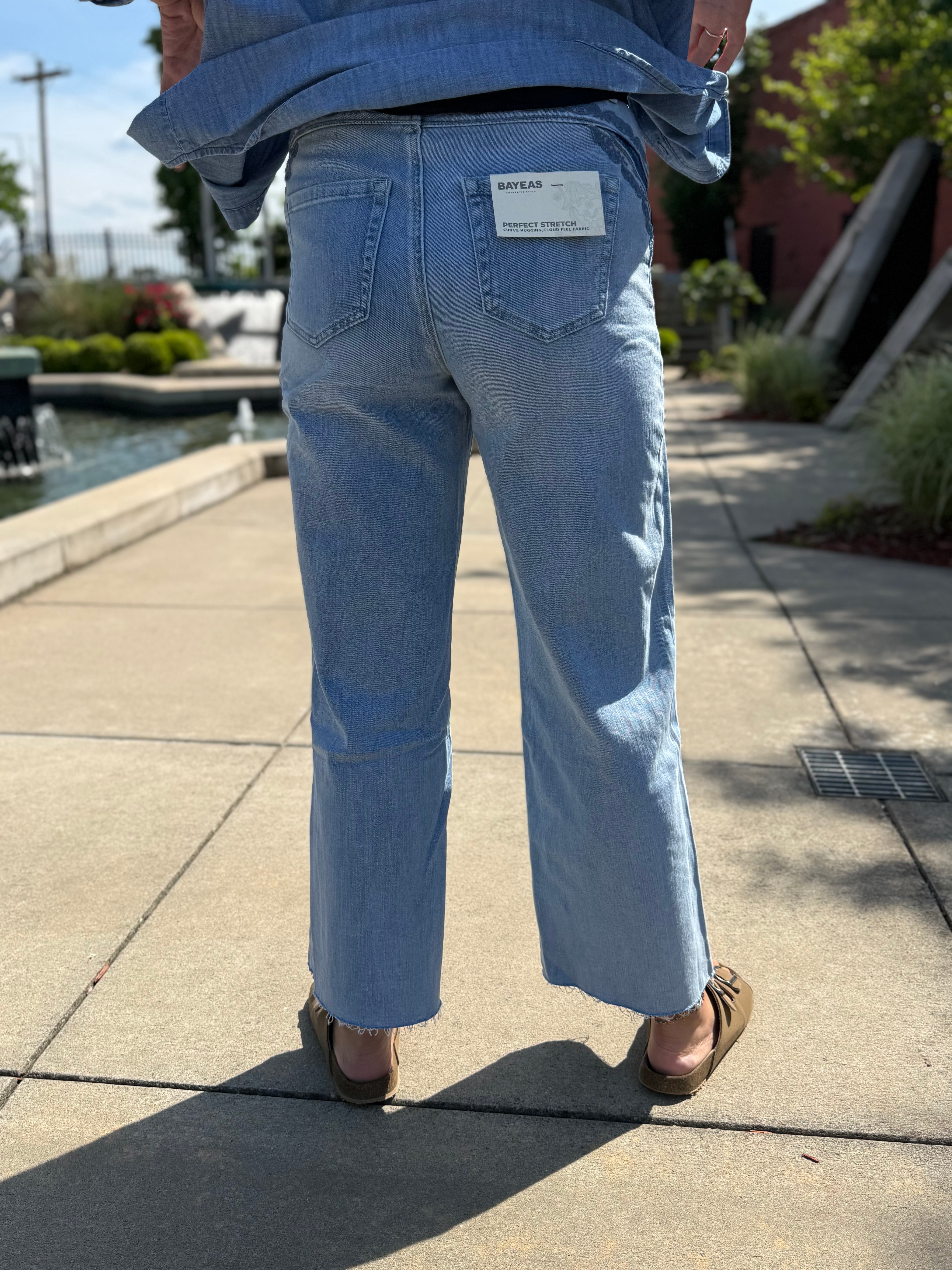 Erika Embroidered Patchwork Jean – high-rise wide-leg embroidered denim, back view, Spirit & Wind Boutique