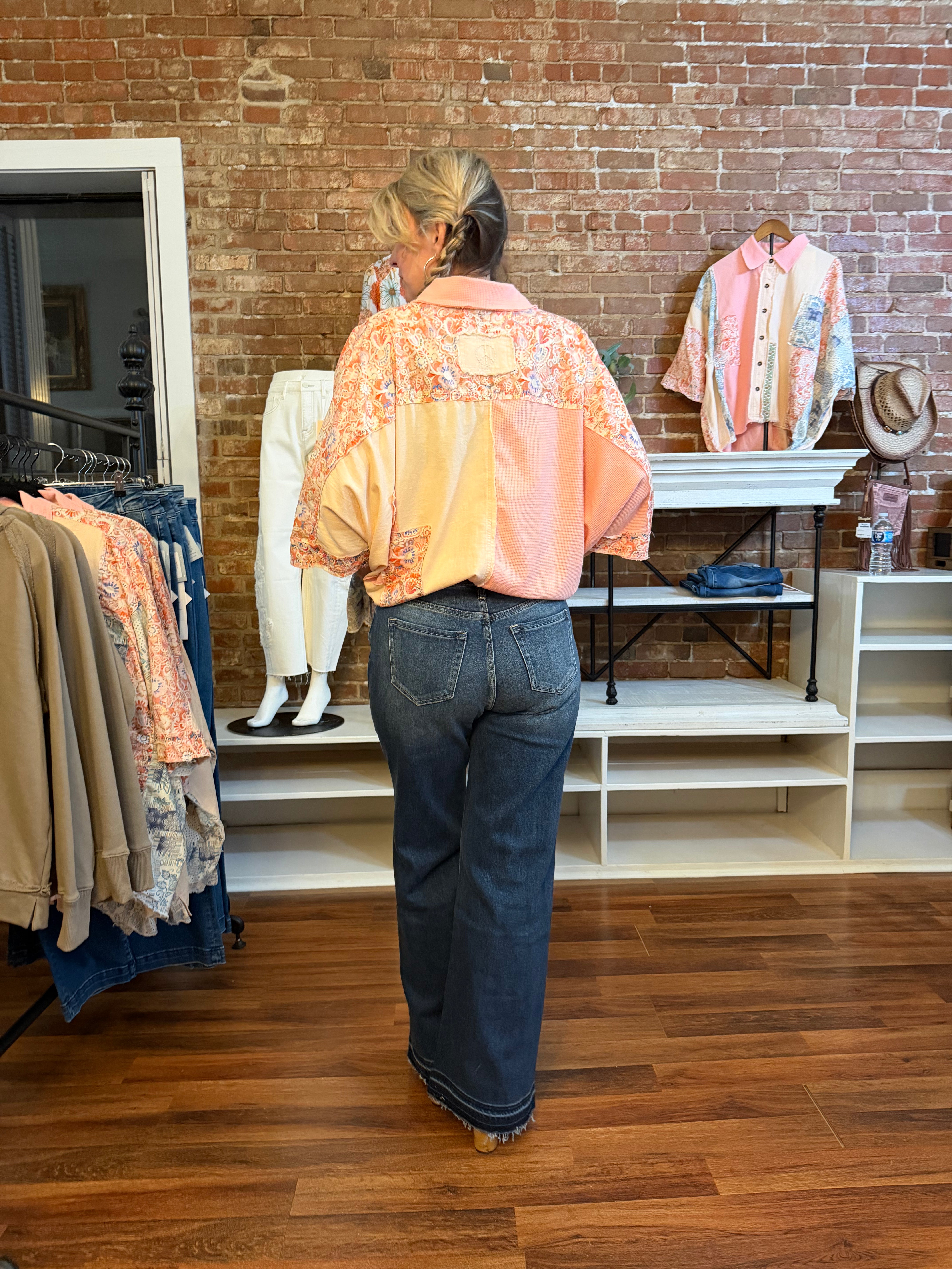 The Patchwork Garden Shirt - multi-fabric patchwork shirt with floral, gingham, and solid panels, Back view