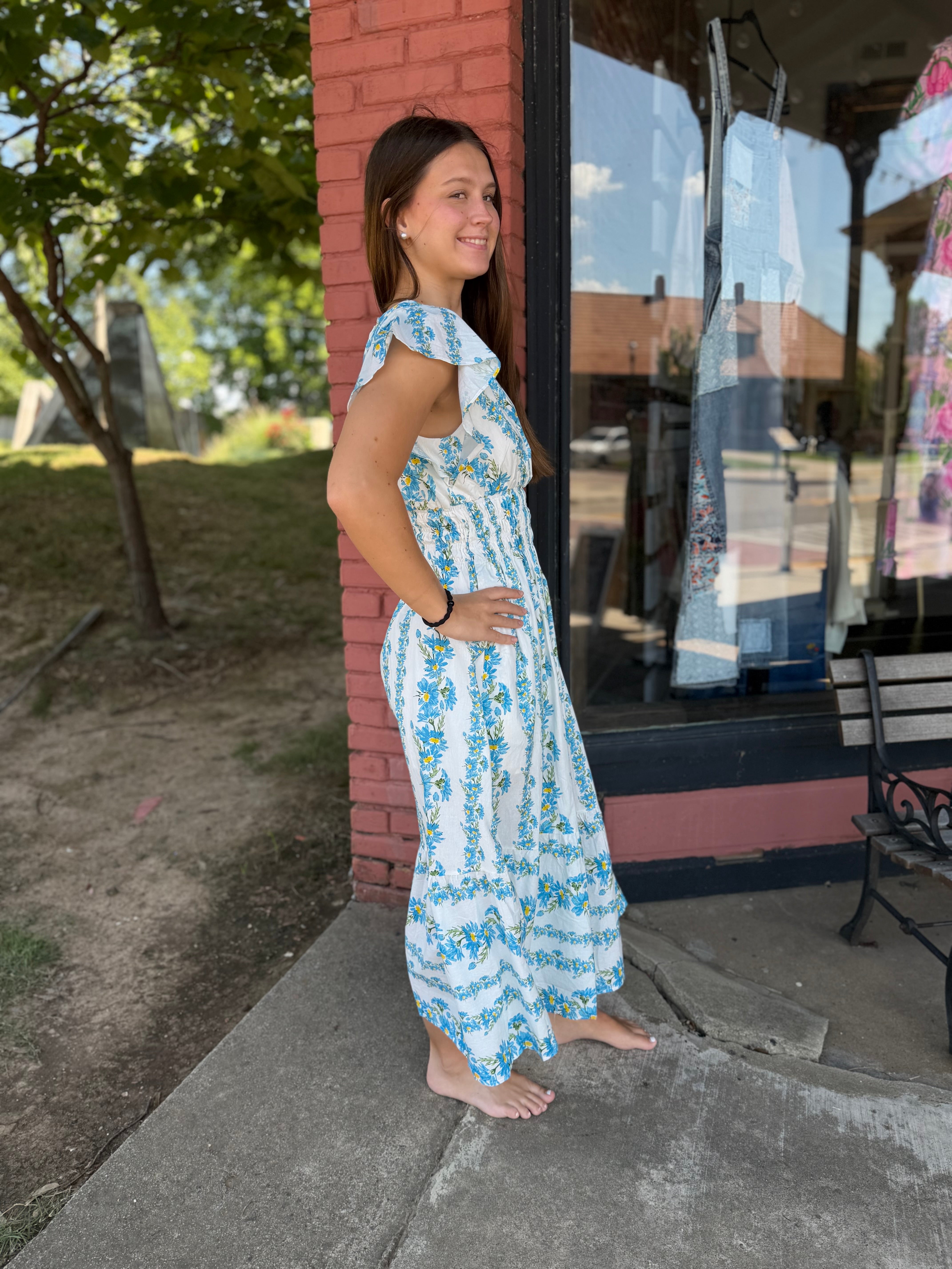 Floral Stripe Surplice Midi Dress full length side view