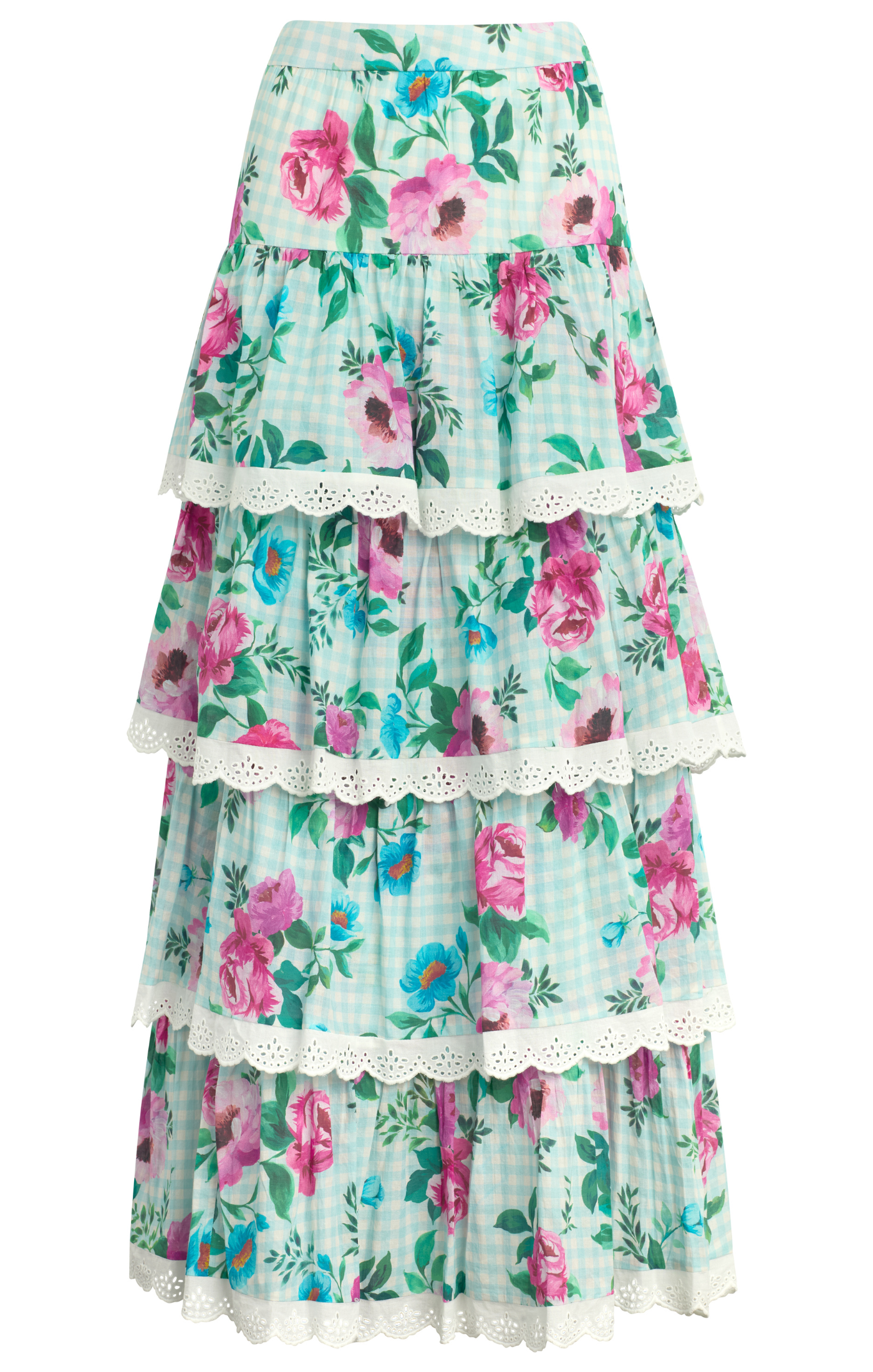 Floral tiered skirt with lace trim on a white background