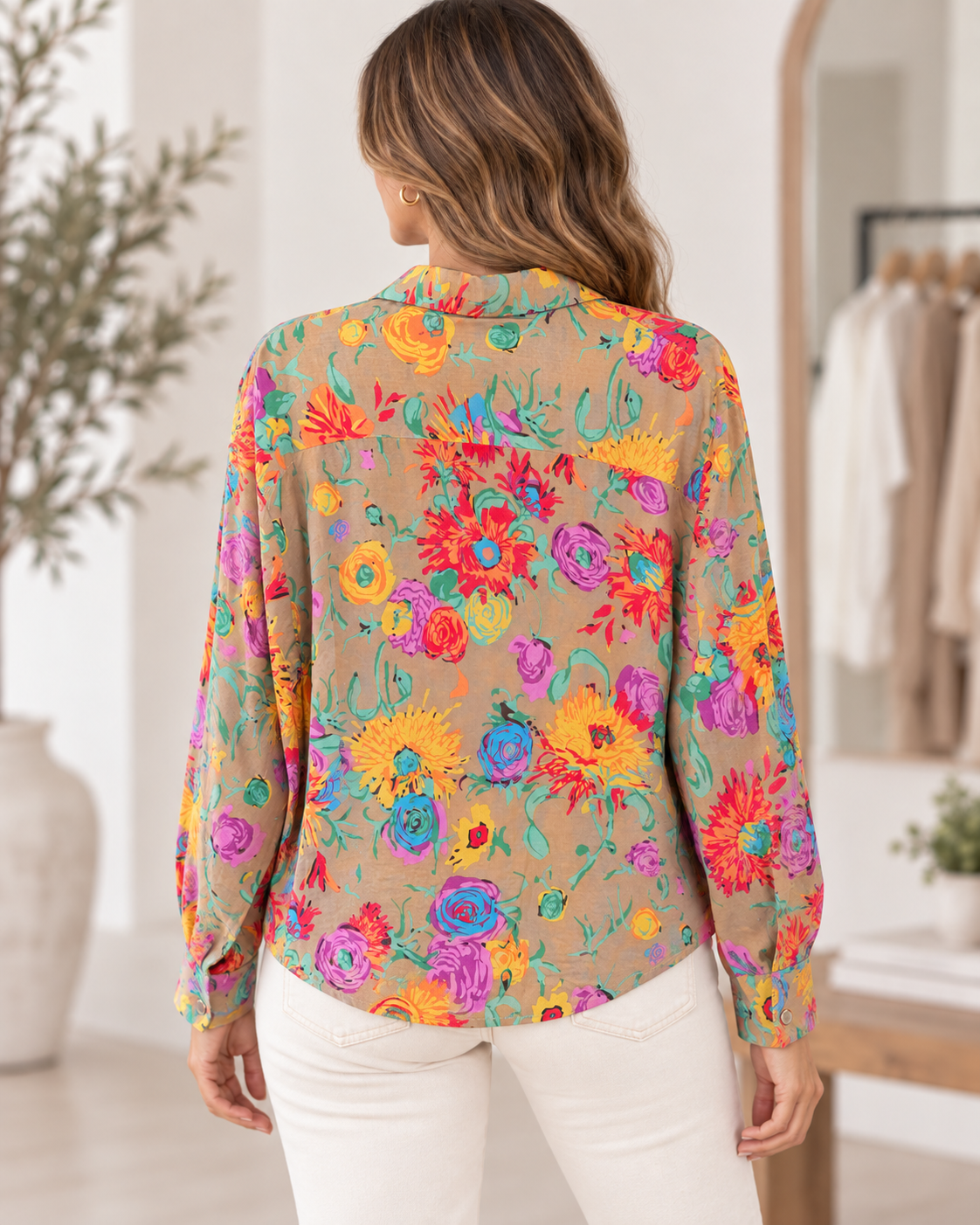 A woman viewed from behind wearing a beige long-sleeve blouse with a vibrant multicolor floral print, paired with white pants in a bright indoor boutique setting.