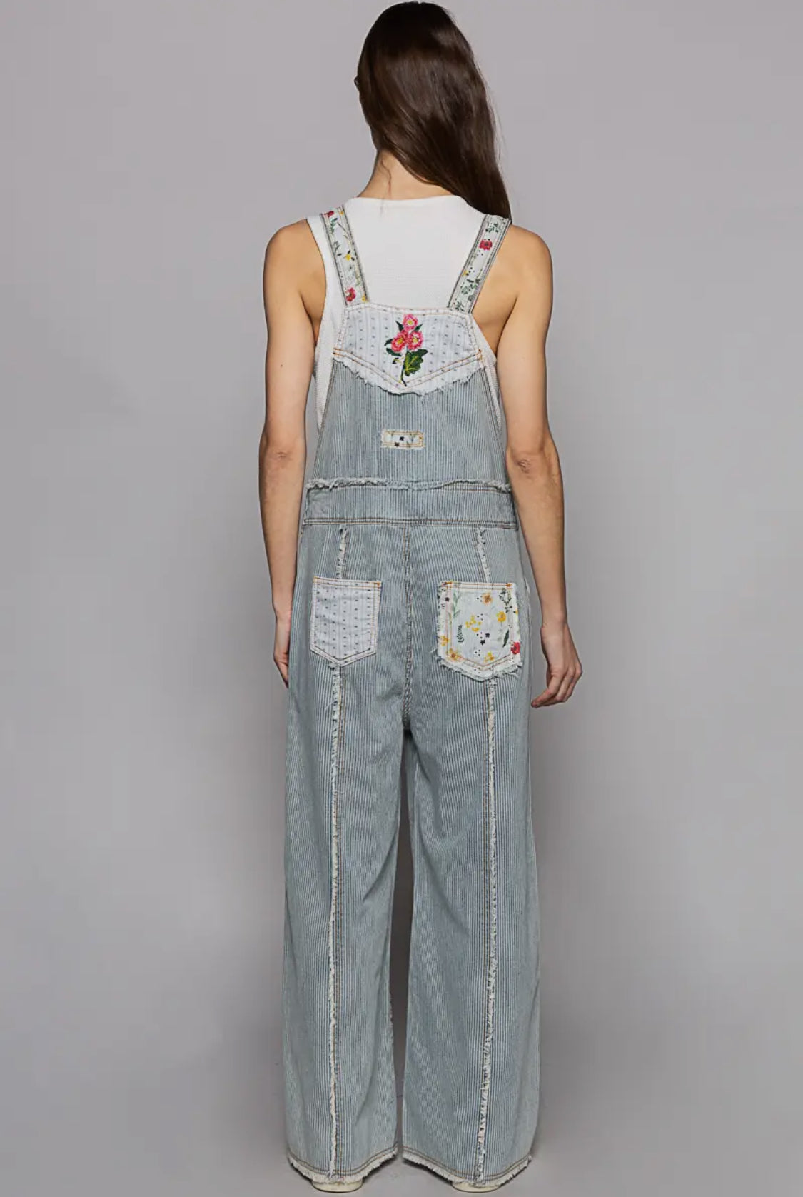 Denim Color Floral Patchwork Embroidery Overall