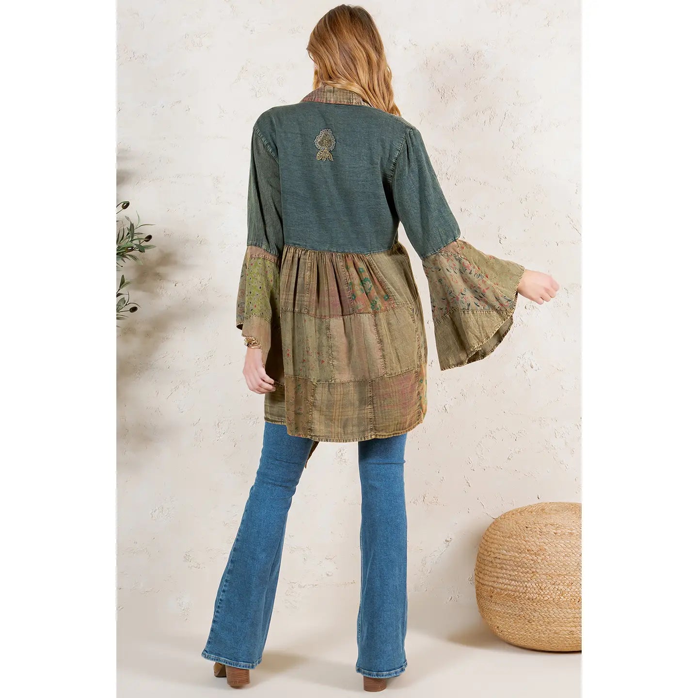 Studio back view, medallion embroidery + bell sleeves