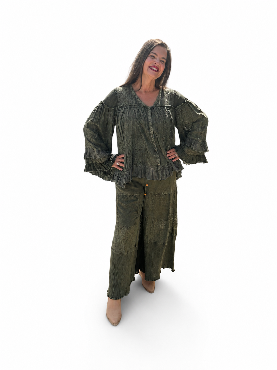 Basil Dream Tiered Palazzo Pants