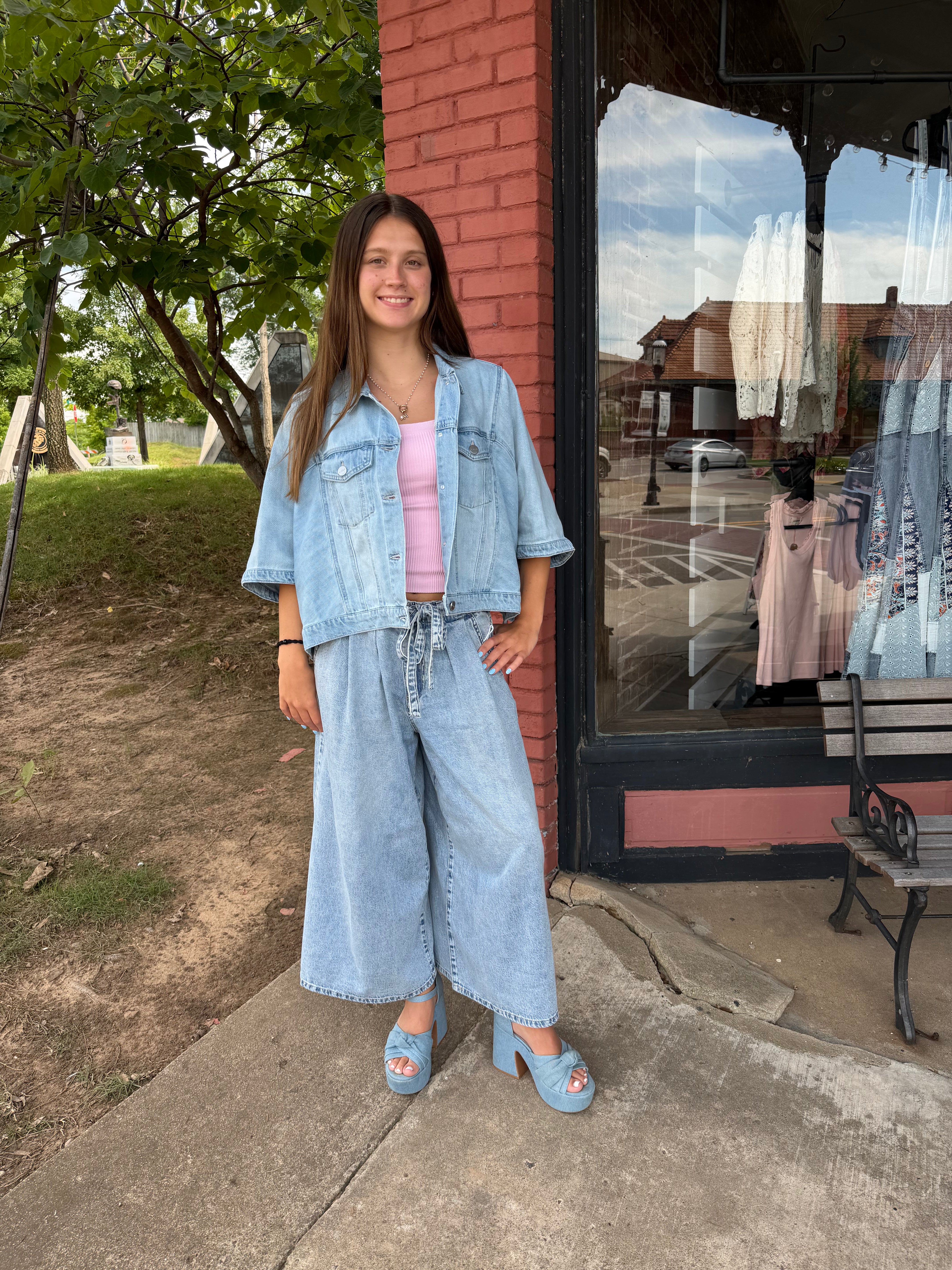 Pleated Tie-Waist Wide Leg Denim Culottes