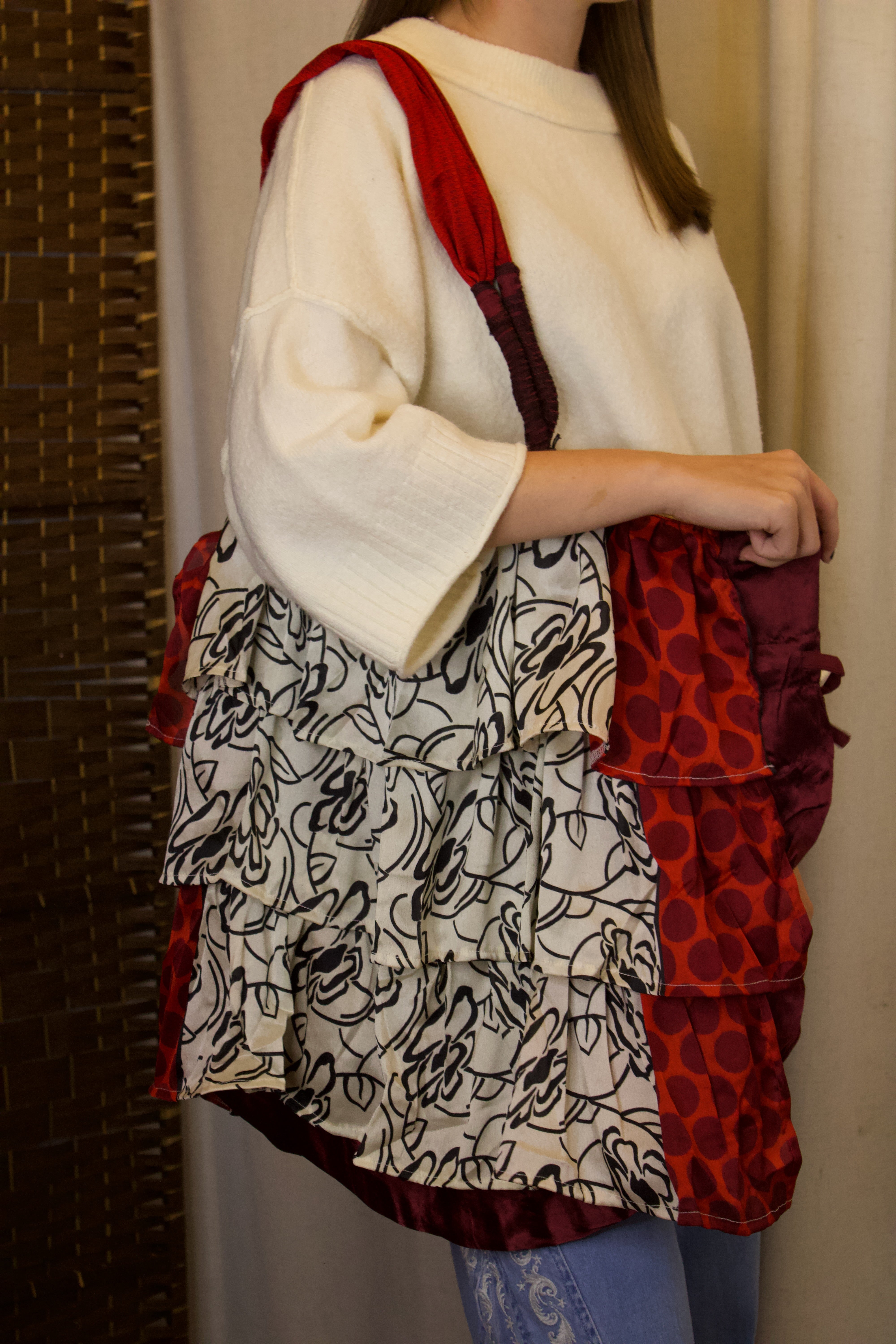 Black & White Red Berry Boho Patchwork Tote