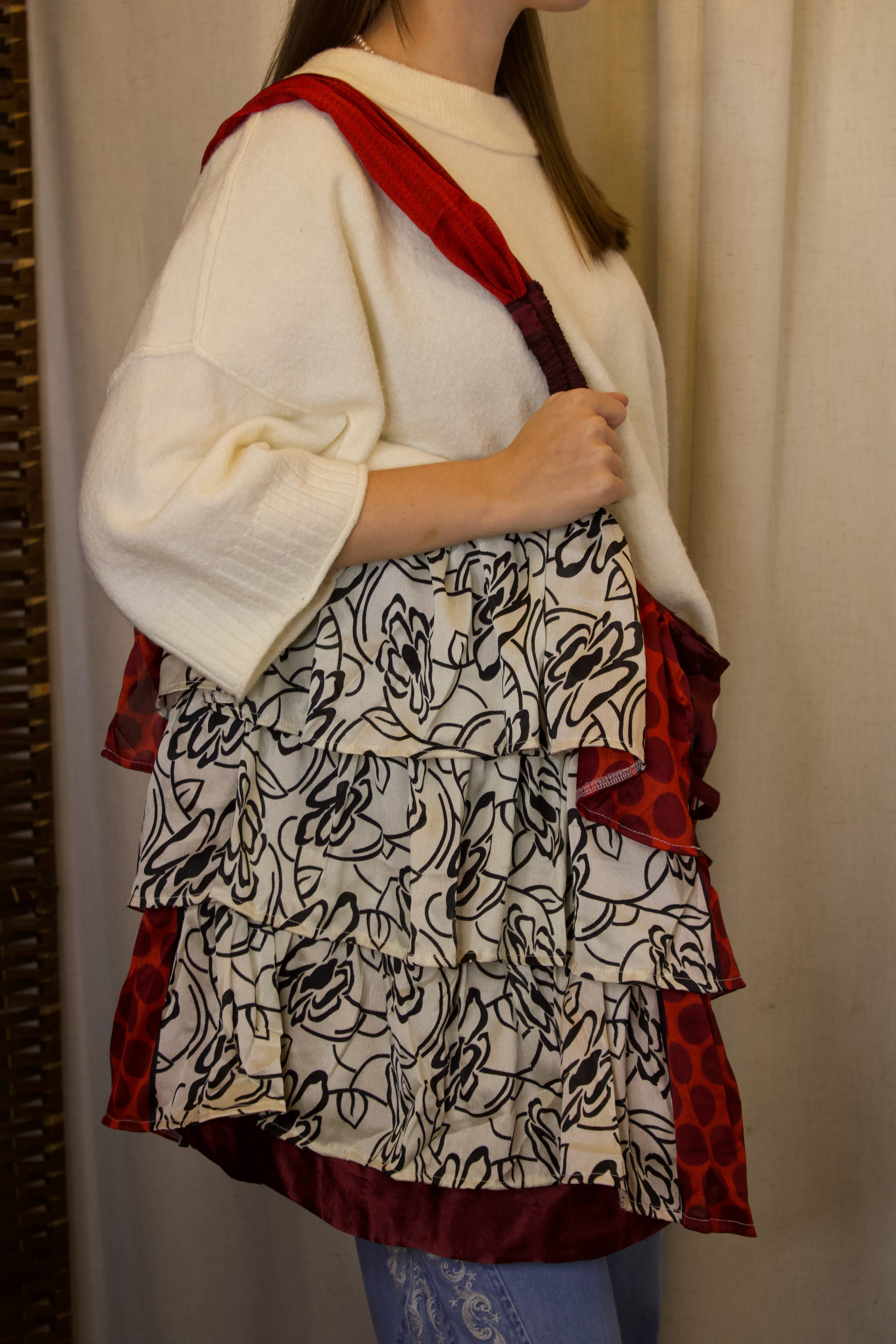 Black & White Red Berry Boho Patchwork Tote