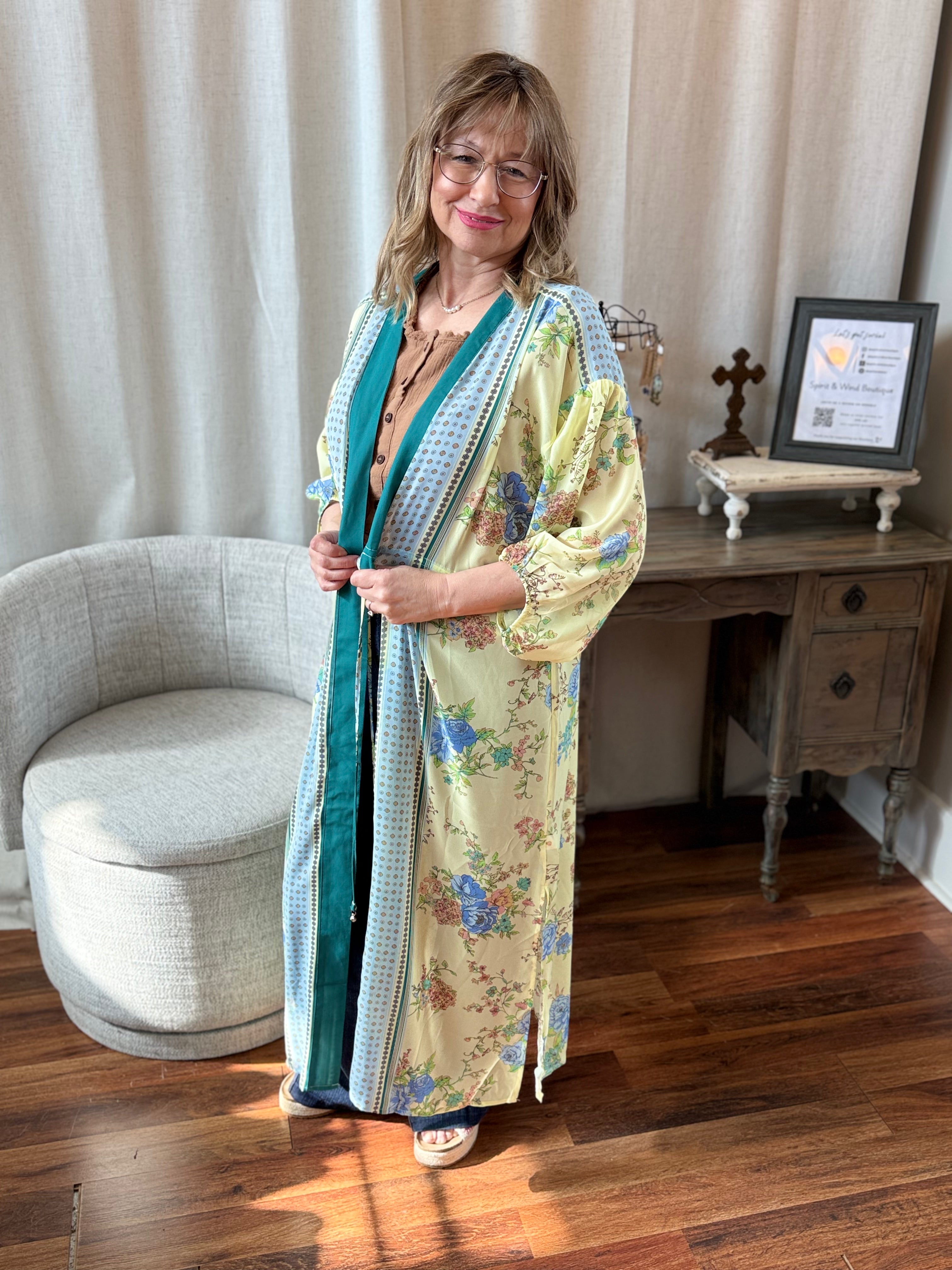 Model in lemon yellow maxi kimono duster - Spirit & Wind Boutique