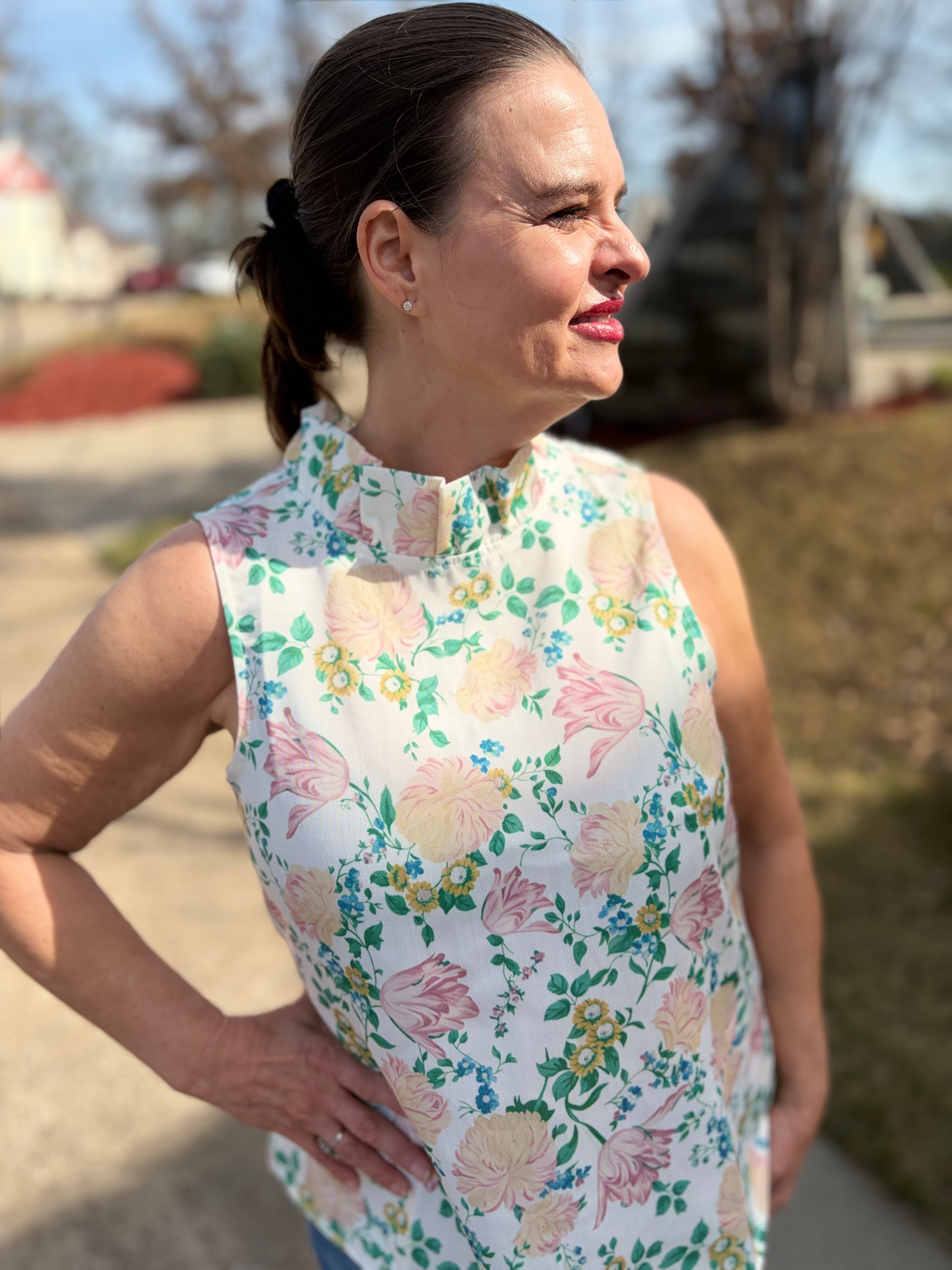 Cottage Bloom High Neck Top - close-up of ruffle high neck and delicate cottage-inspired floral bloom print on soft cotton-poly fabric