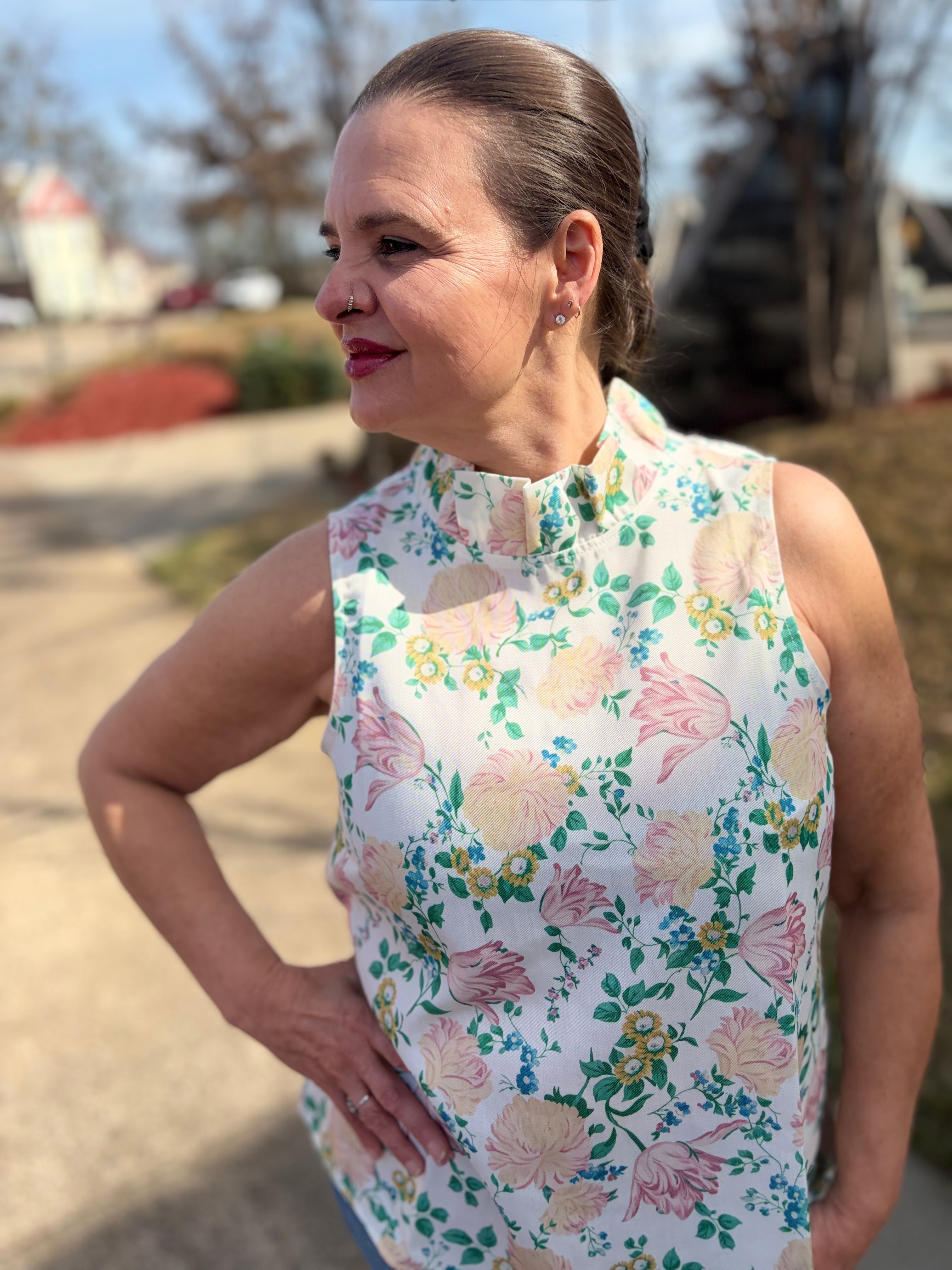 Cottage Bloom High Neck Top - close-up of ruffle high neck and delicate cottage-inspired floral bloom print on soft cotton-poly fabric