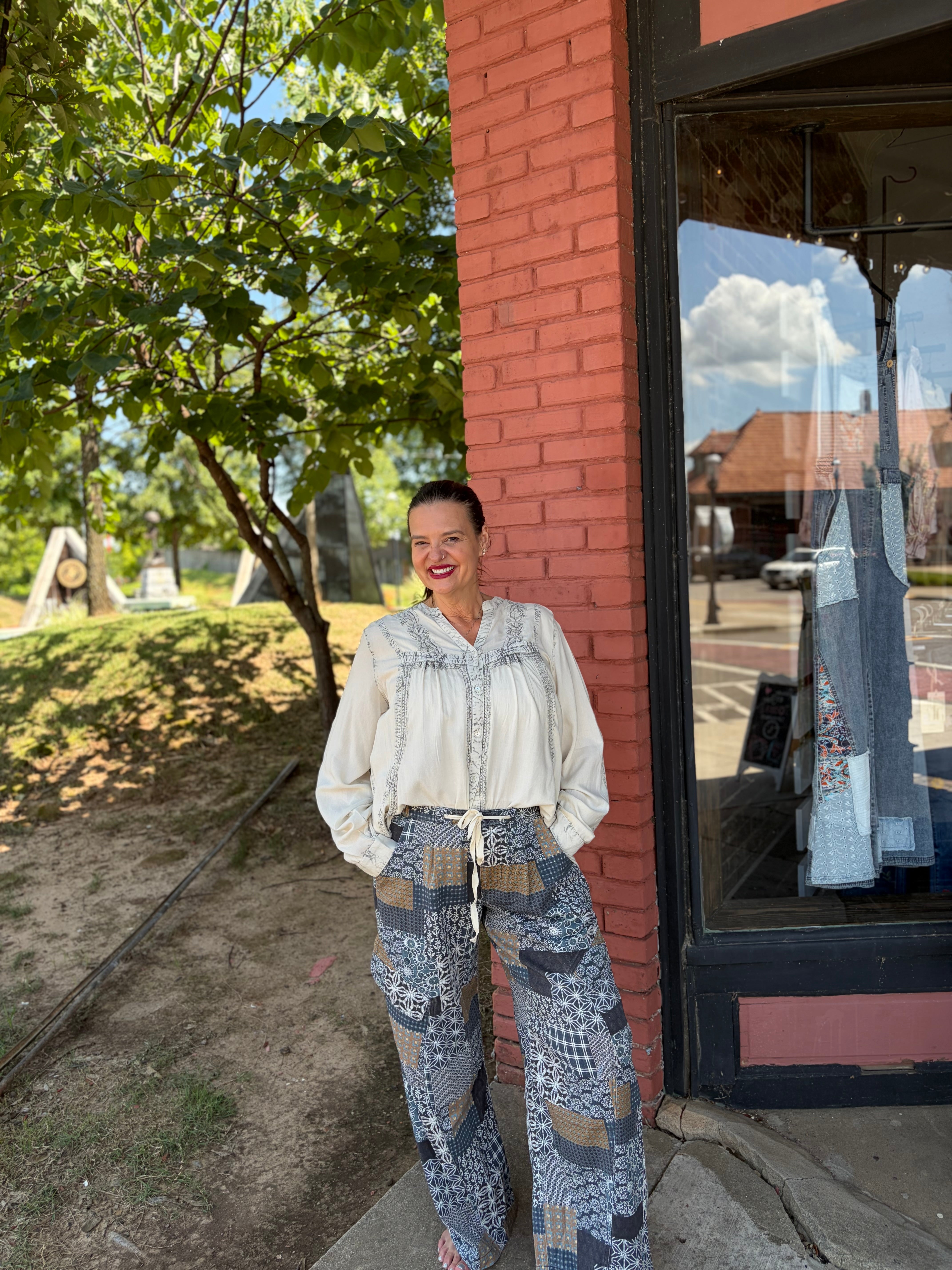 Patchwork print barrel leg cargo pants front view – boho women's bottoms