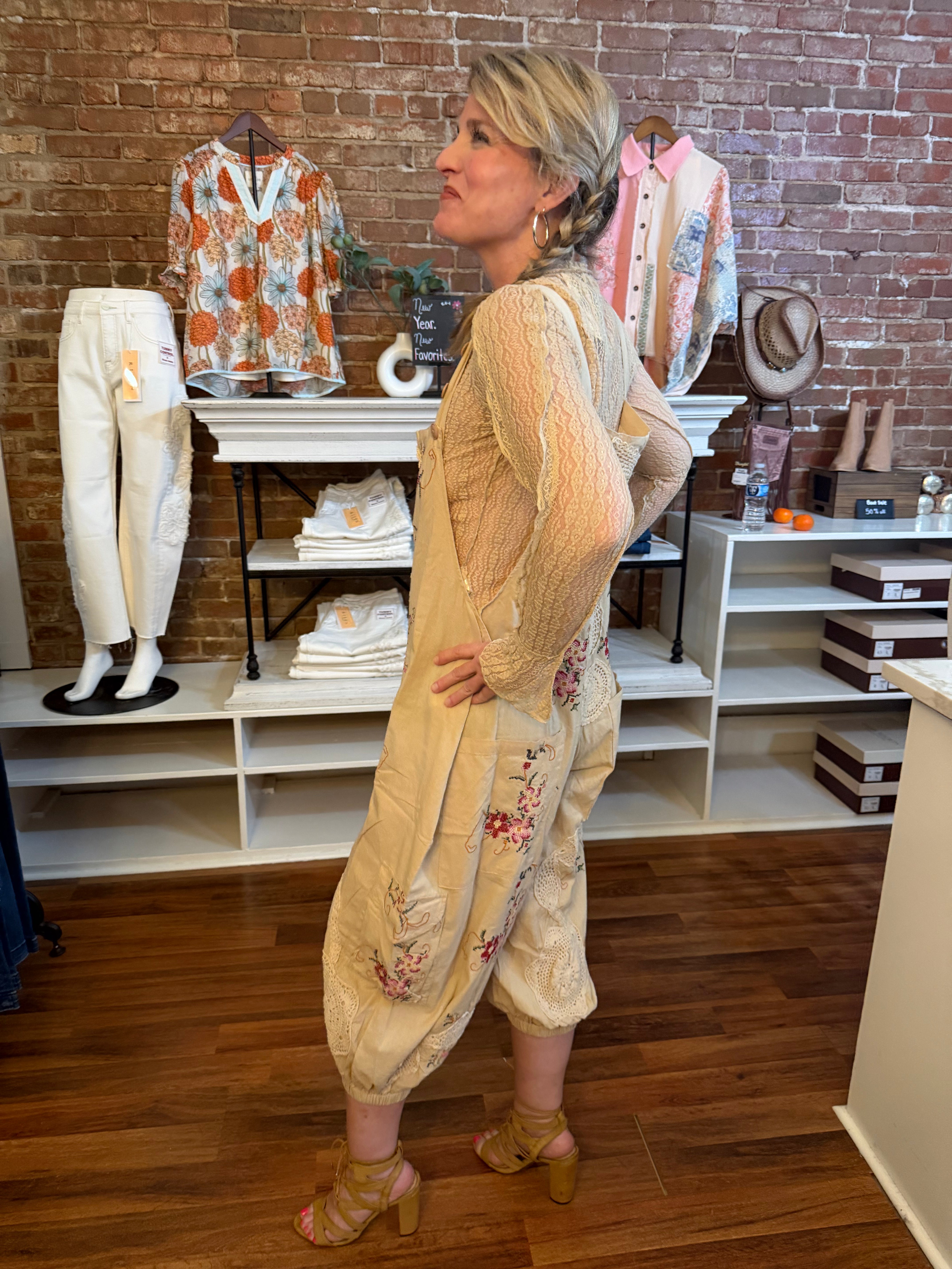 The Gypsy Soul Overalls - side view showing comfortable drape and 100% cotton fabric