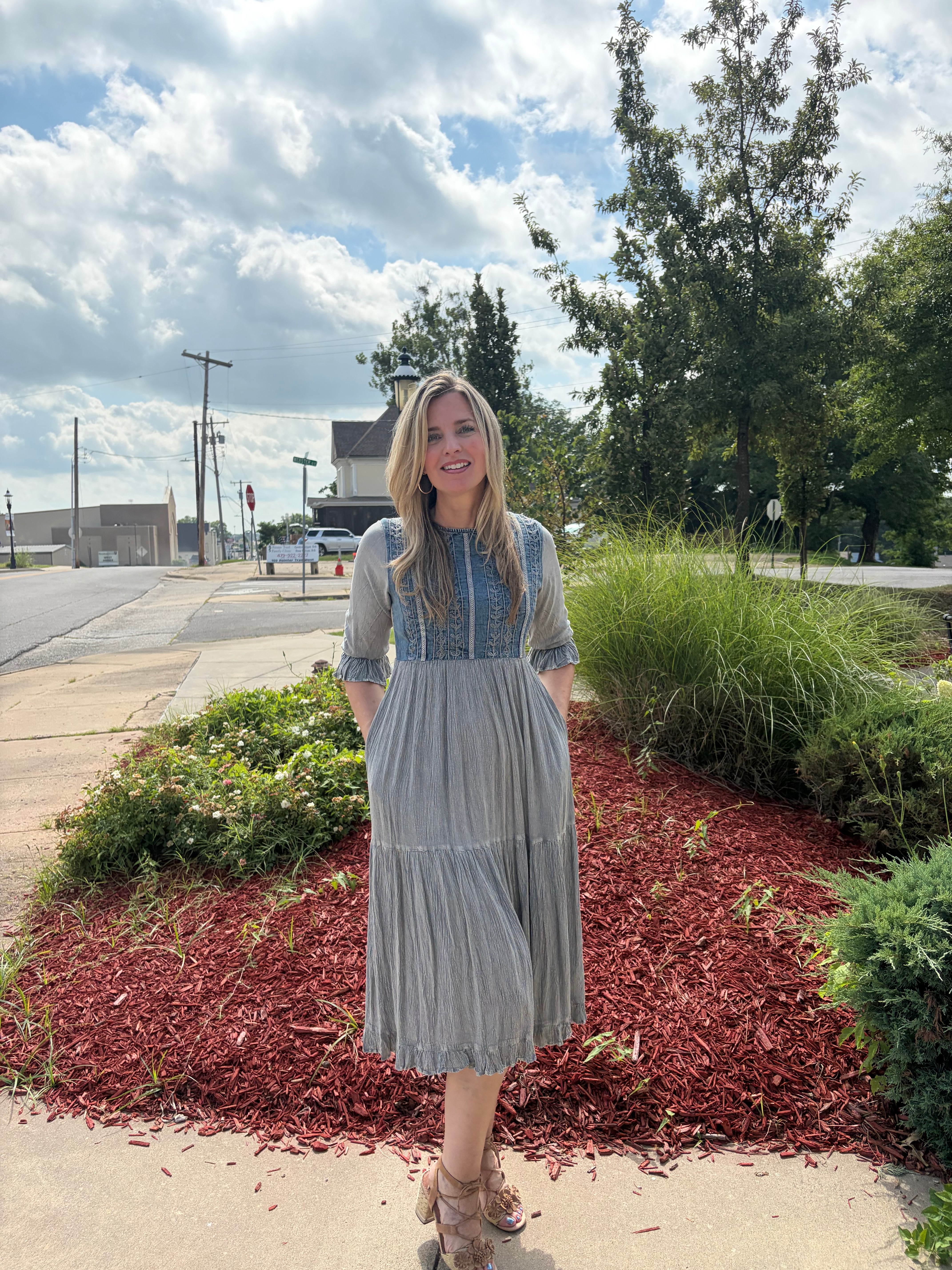 Grey denim fusion tiered midi dress with Aari embroidered bodice and 3/4 bell sleeves