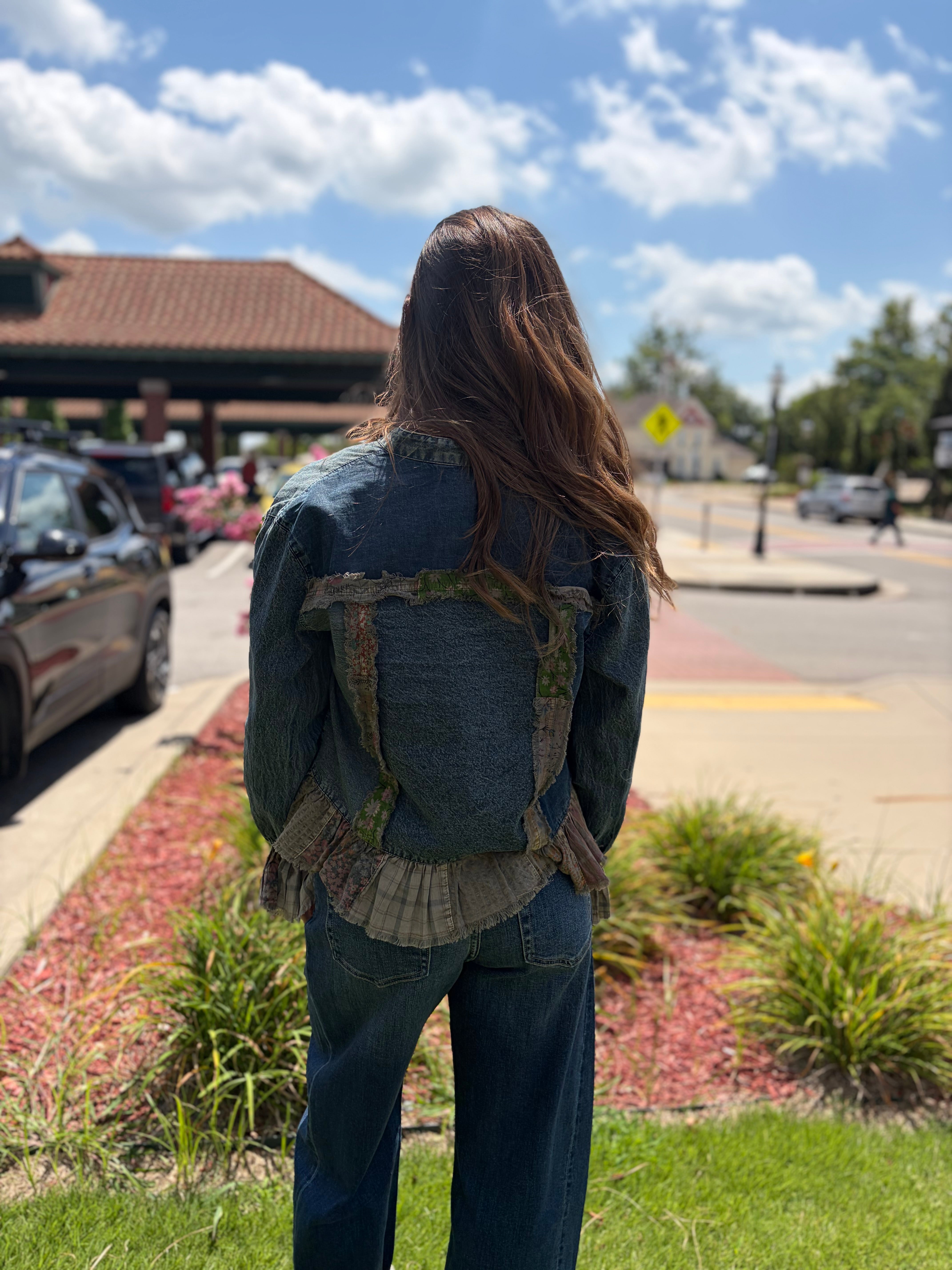 Back view, frayed yoke panel and ruffled hem