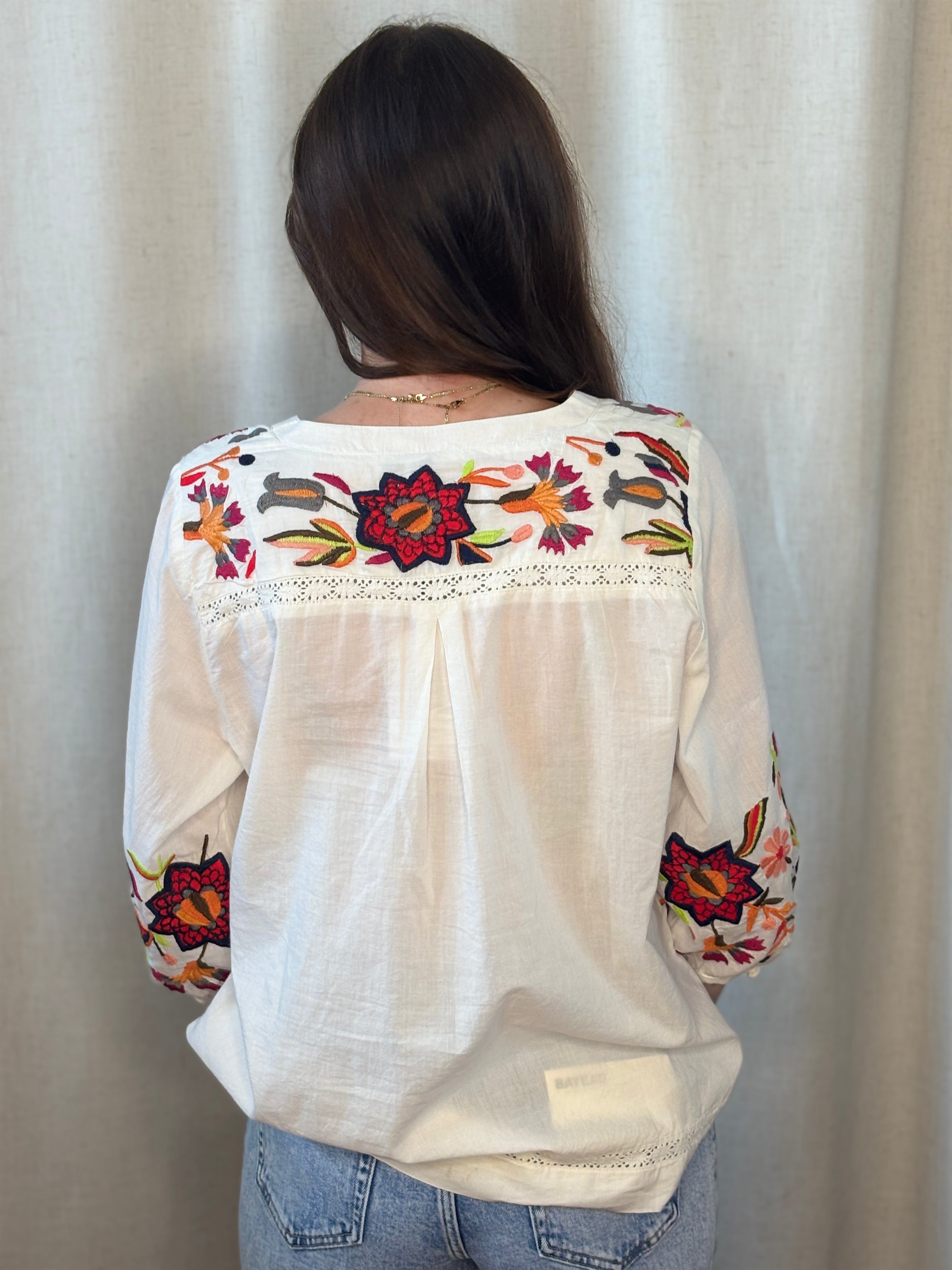 Back view of white cotton embroidered blouse showing floral embroidery band across shoulders, lace trim insert, and embroidered sleeve cuffs