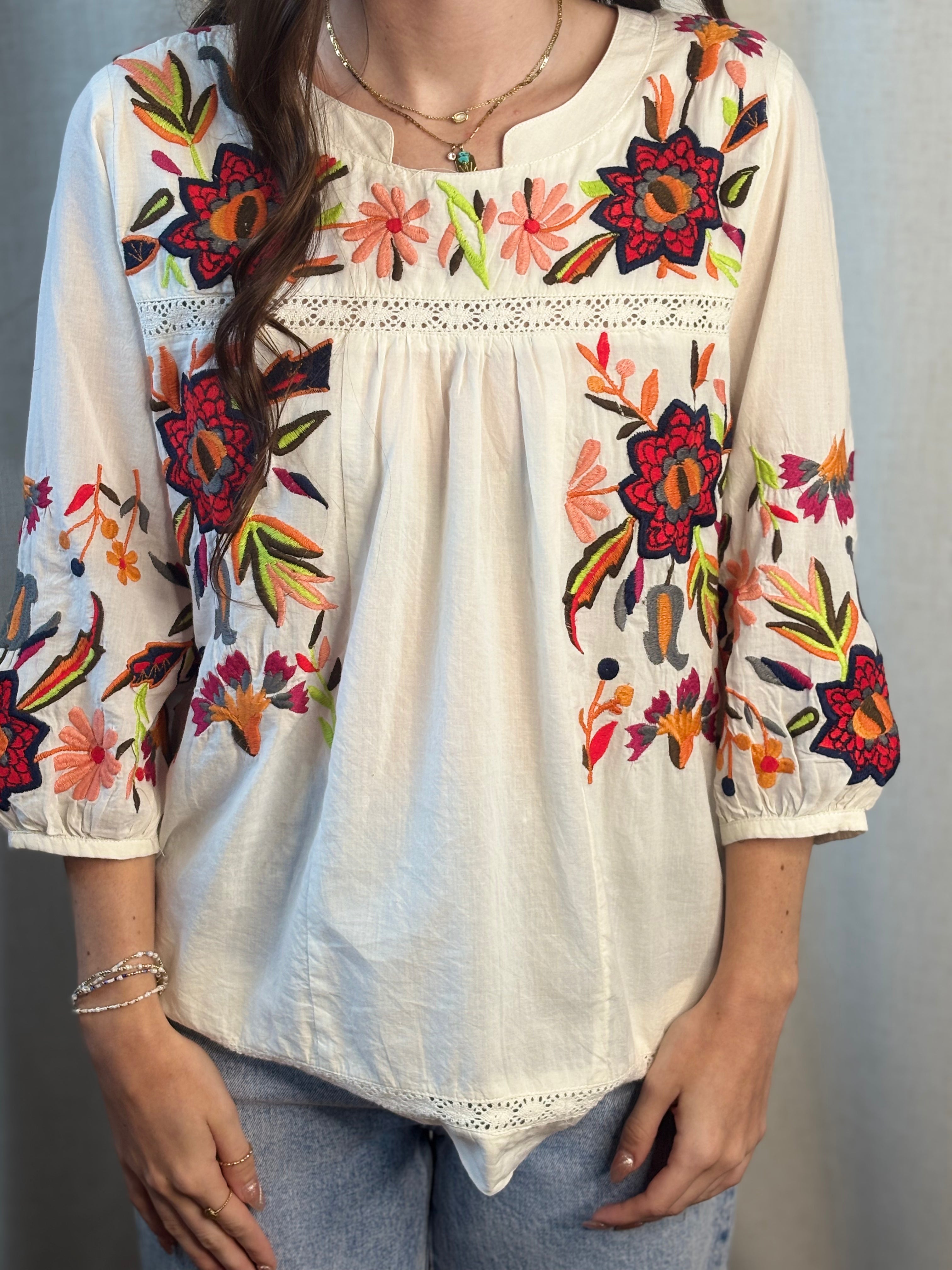 Close-up front detail of vibrant floral embroidered white blouse with multicolor embroidery, lace trim waistband, and 3/4 balloon sleeves