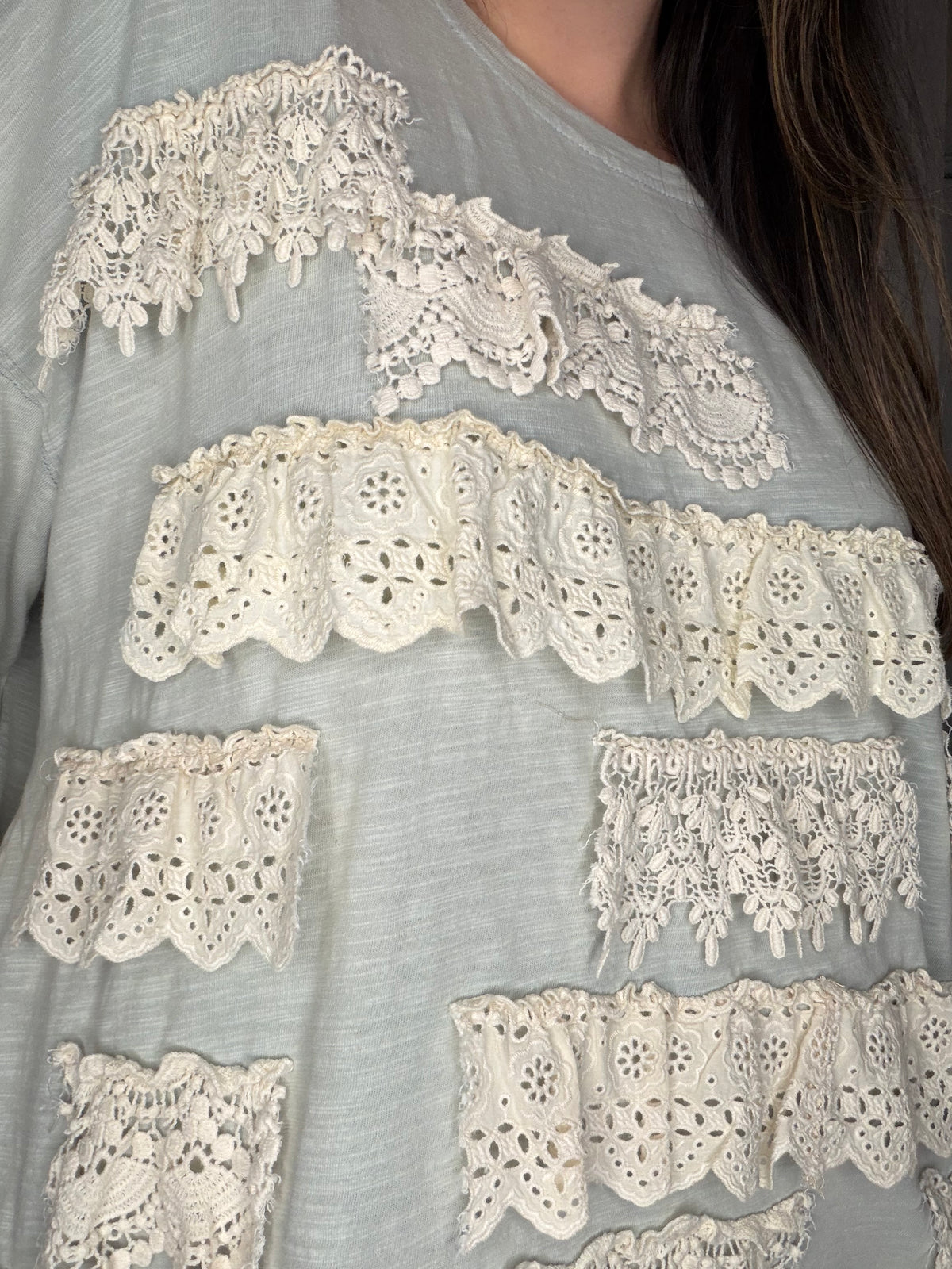 Close-up: tiered crochet eyelet ruffle detail on sage green fabric