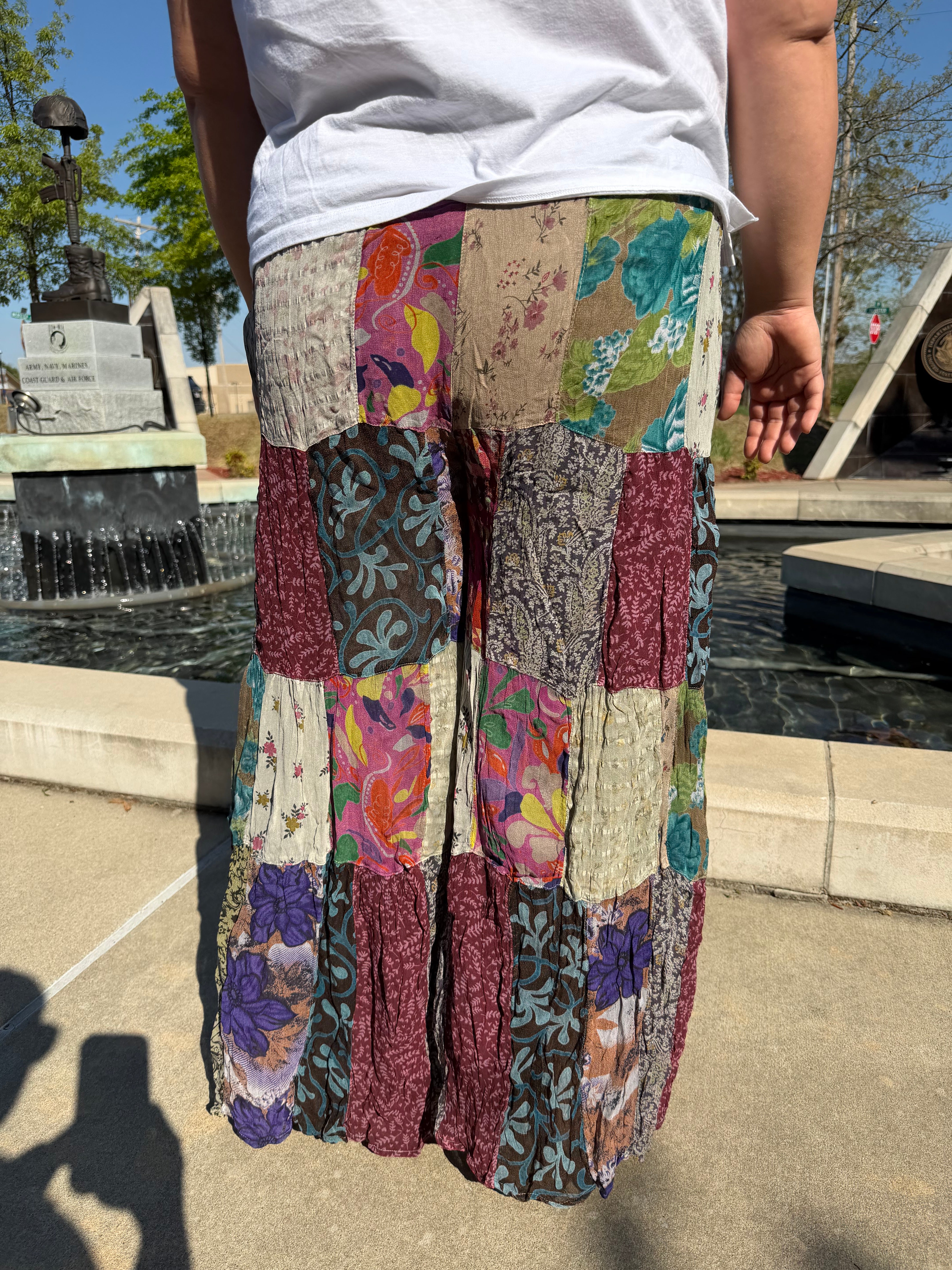 Retro Revival Patchwork Flare Pants Plus – Dramatic flared silhouette in lightweight grey georgette patchwork print | Spirit & Wind Boutique