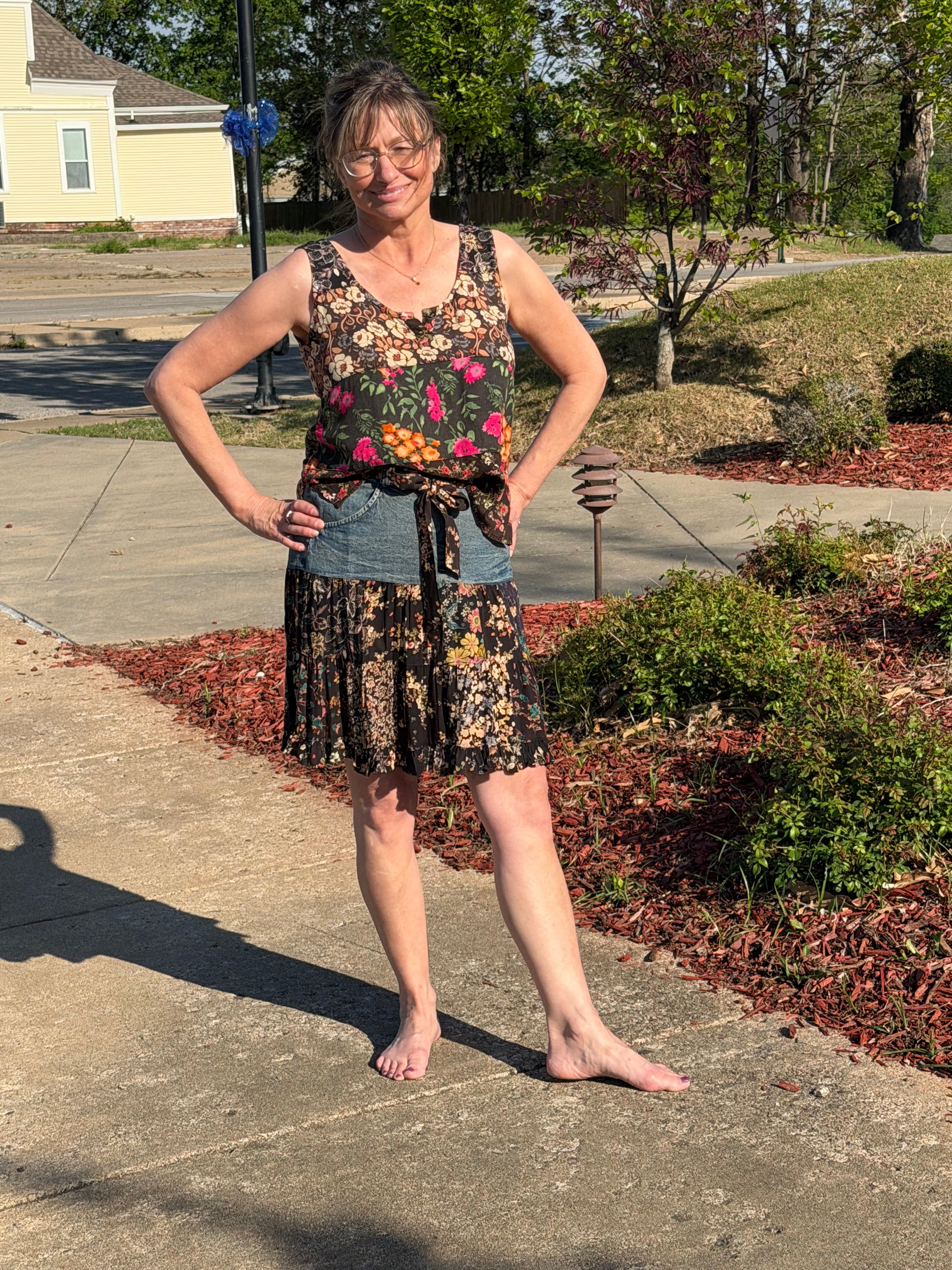 Boho Patchwork Denim Set – Sleeveless floral patchwork denim tank that has rayon print mini skirt with pockets | Spirit & Wind Boutique