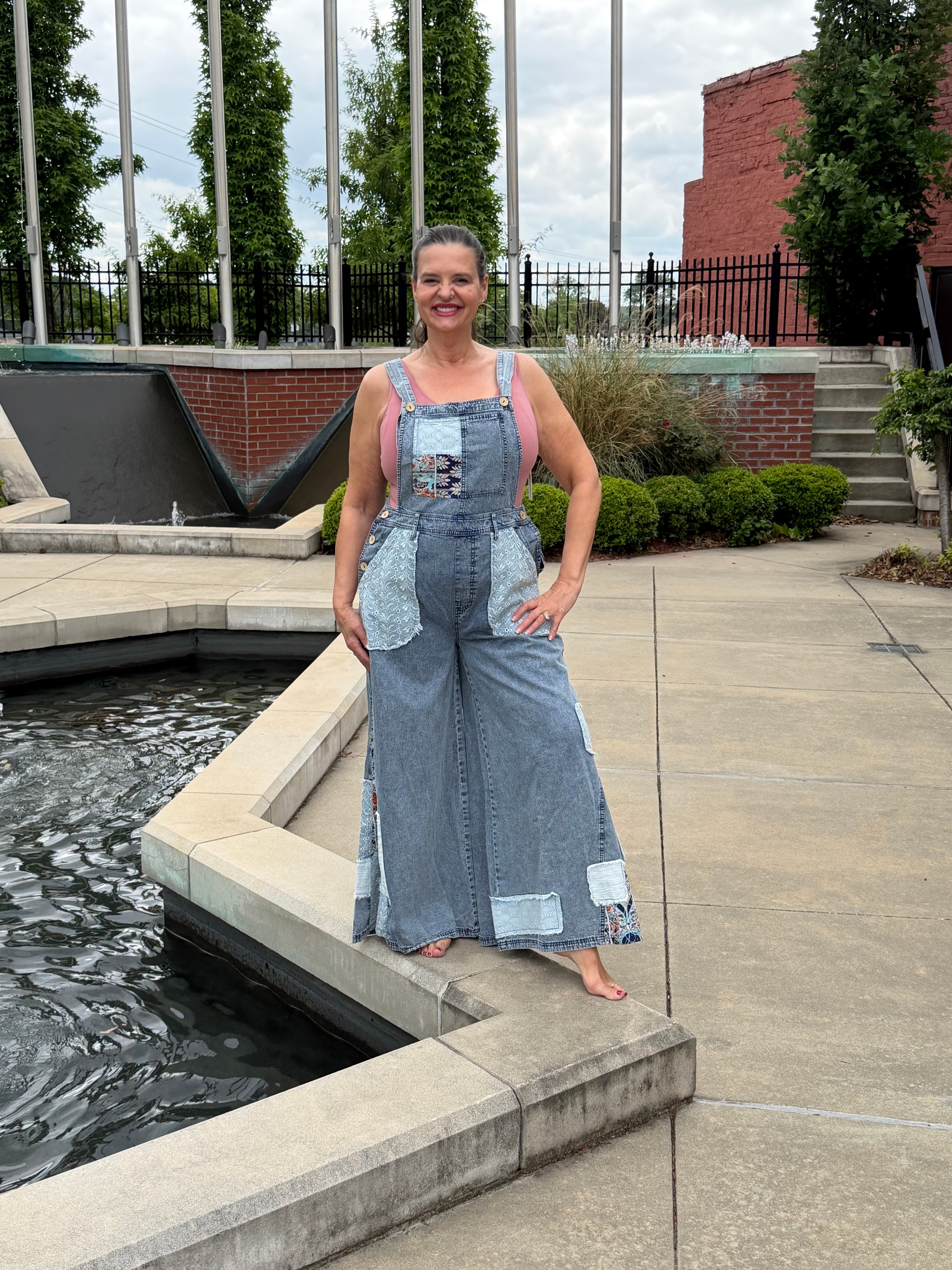 Jeanette Patchwork Wide-Leg Denim Overalls in Blue – boho garment-washed full-length silhouette