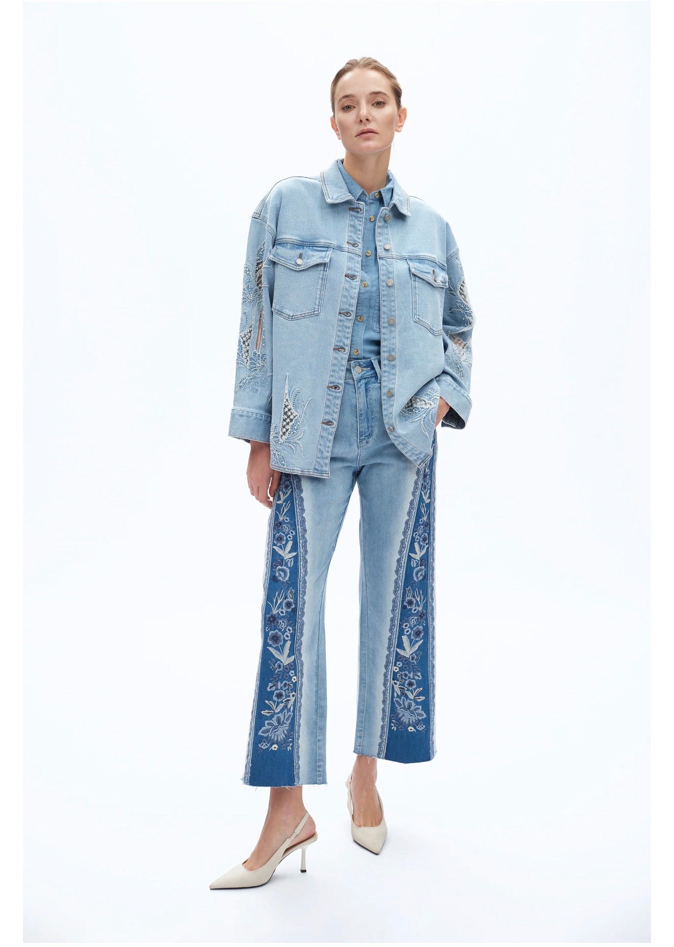 Erika Embroidered Patchwork Jean – high-rise wide-leg denim, floral patchwork panel, front view, Spirit & Wind Boutique