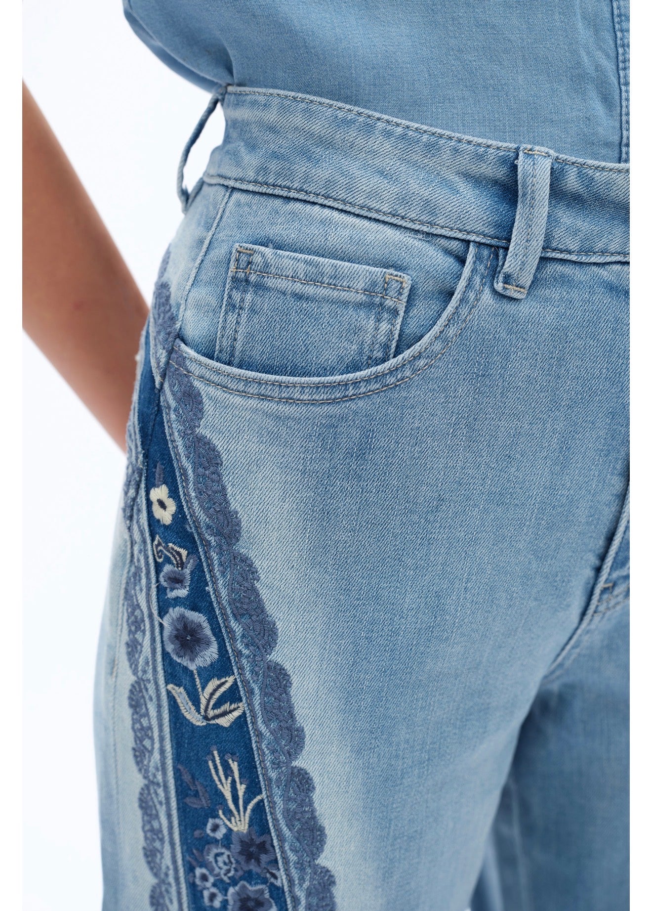 Erika Embroidered Patchwork Jean – scalloped lace embroidery detail, wide-leg indigo denim, Spirit & Wind Boutique