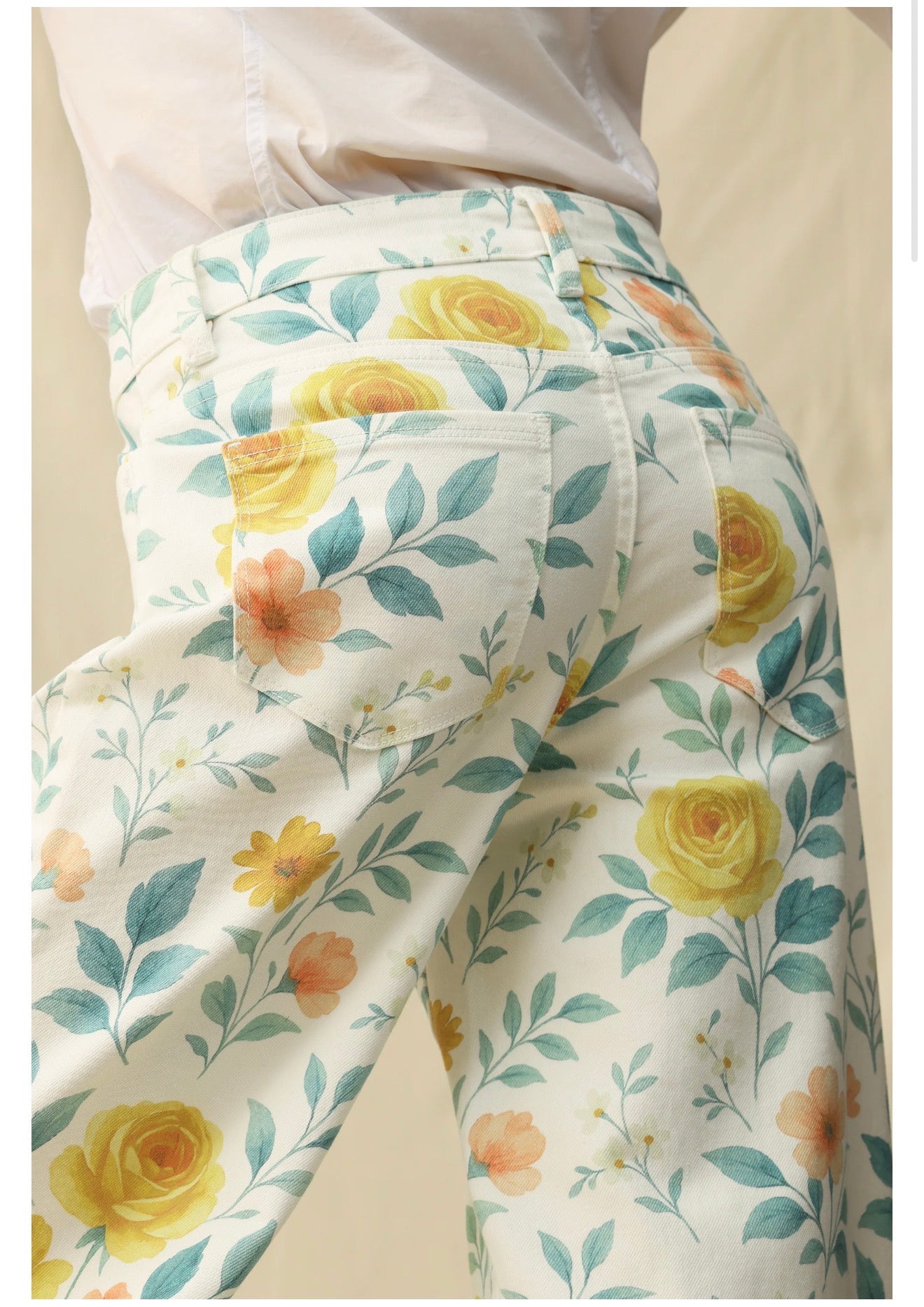 Back view of Flora Watercolor Jean – wide-leg watercolor bloom print, close up, boho-luxe style, Spirit & Wind Boutique from Bayeas Jeans