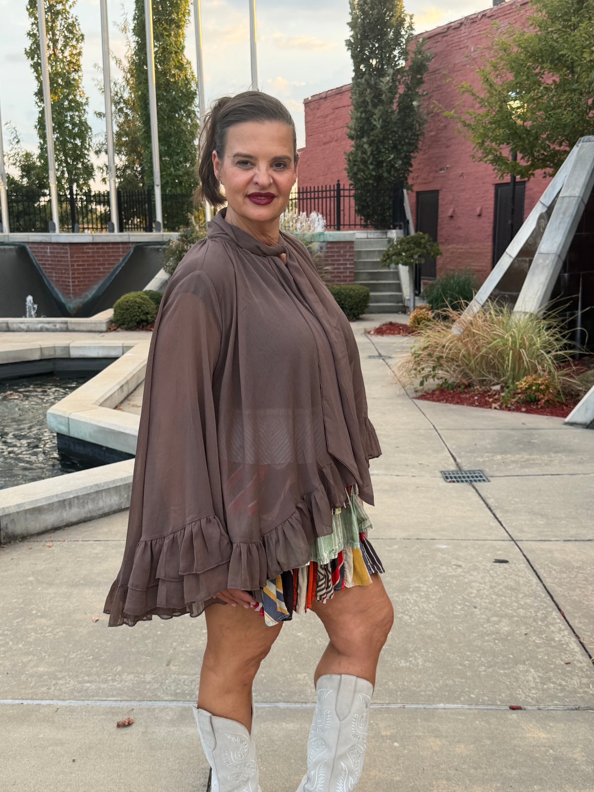 Sheer Tie Neck Ruffle Blouse – Brown