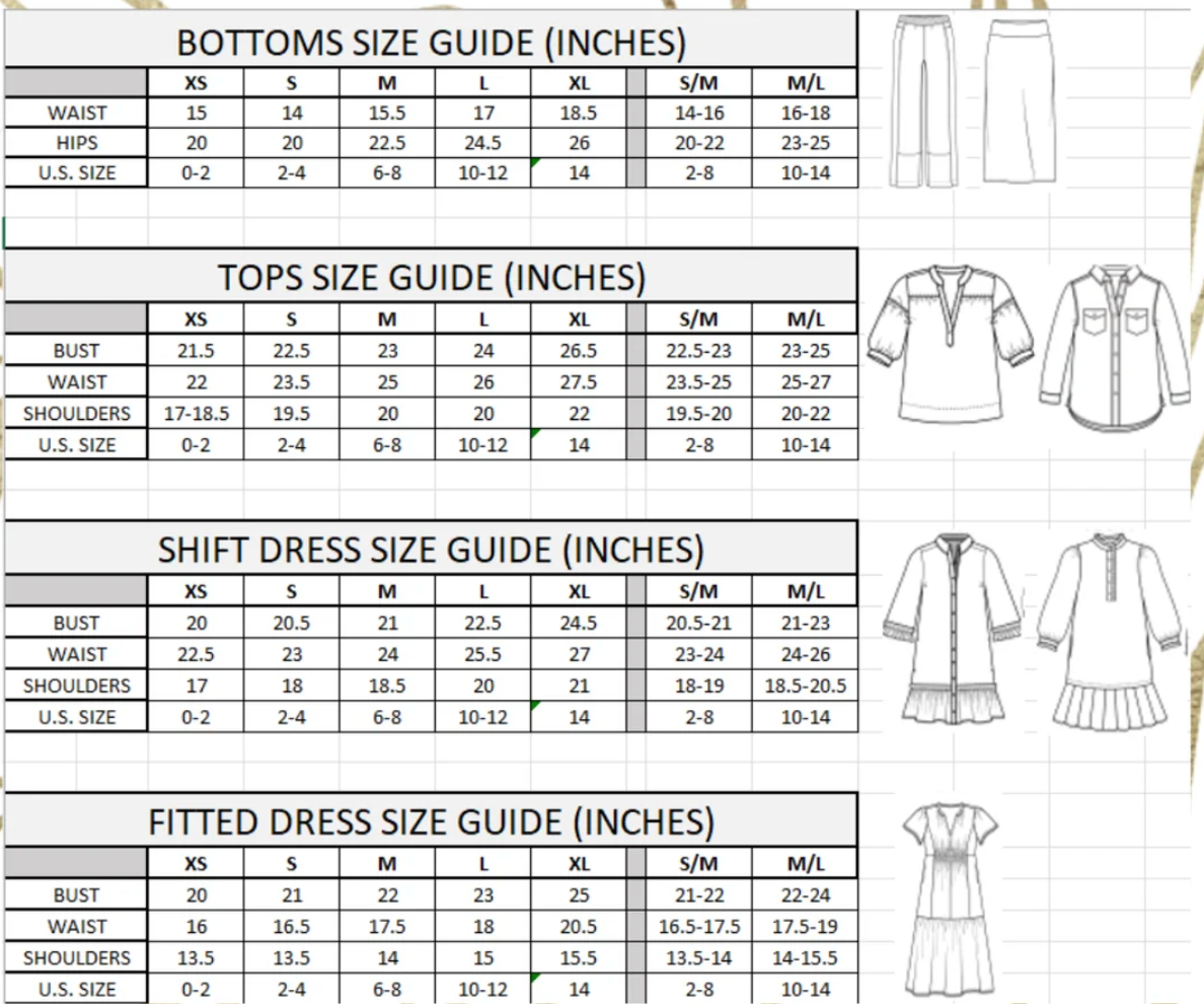 Ivy Jane size guide for bottoms, tops, shift dresses, and fitted dresses