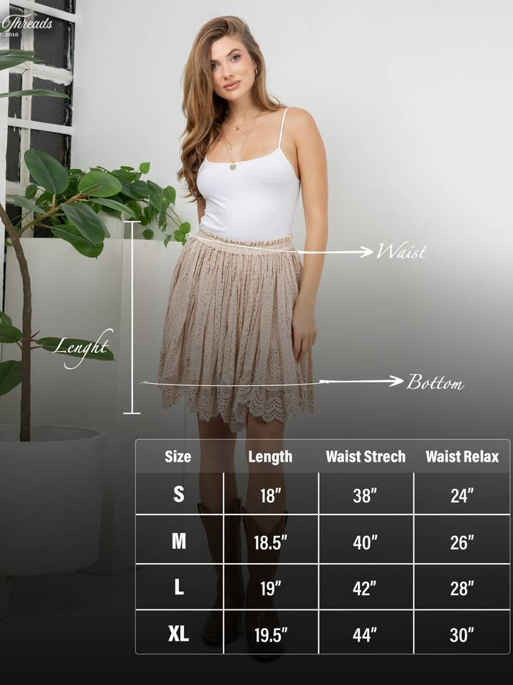 Sweet Georgia Mini Lace Skirt detail view with size chart