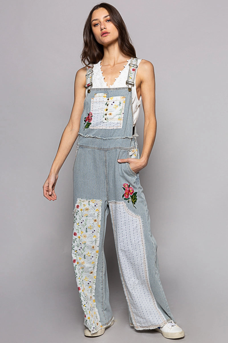 Denim Color Floral Patchwork Embroidery Overall