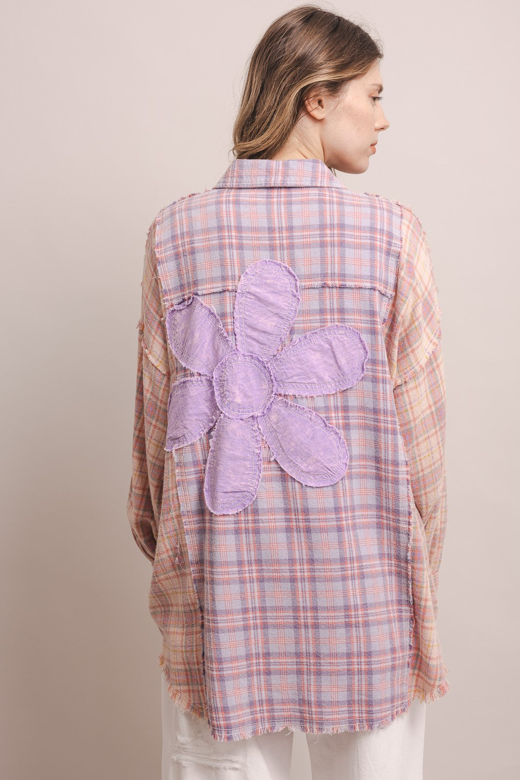 Full back, large lavender flower appliqué centered on back