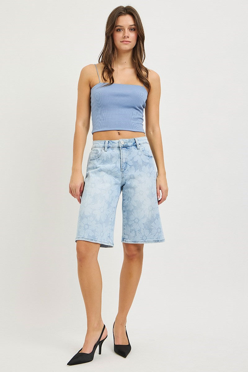 Blue Sky Floral Bermuda Shorts - front view, sky blue with white floral print, relaxed slouch fit