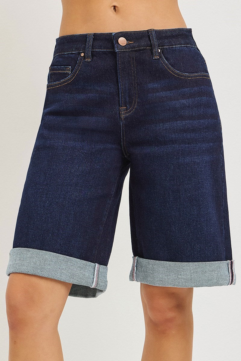 Frankie Slouchy Cuffed Jorts Plus in Dark Denim – relaxed fit, cuffed hem denim shorts, boho-luxe style" Plus size