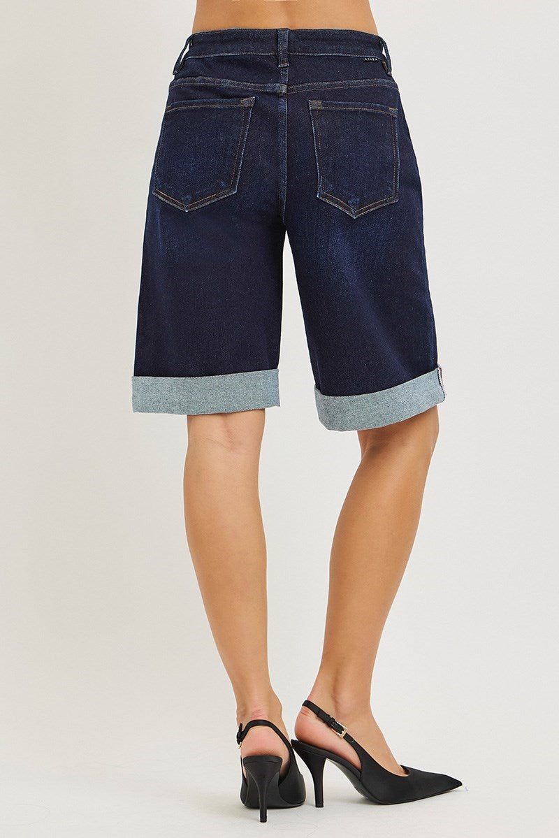 Back view of Frankie Slouchy Cuffed Jorts Plus in Dark Denim – relaxed fit, cuffed hem denim shorts, boho-luxe style" Plus size