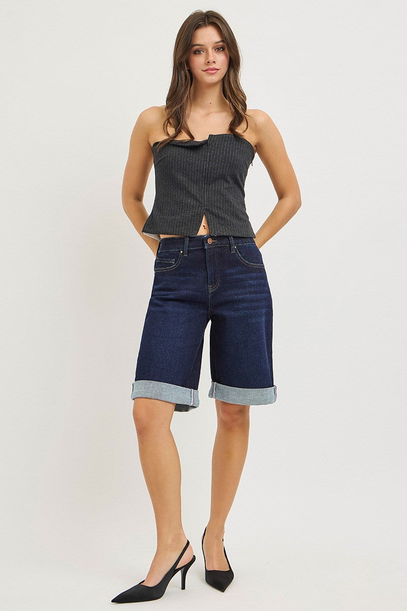 Full length view Frankie Slouchy Cuffed Jorts Plus in Dark Denim – relaxed fit, cuffed hem denim shorts, boho-luxe style" Plus size