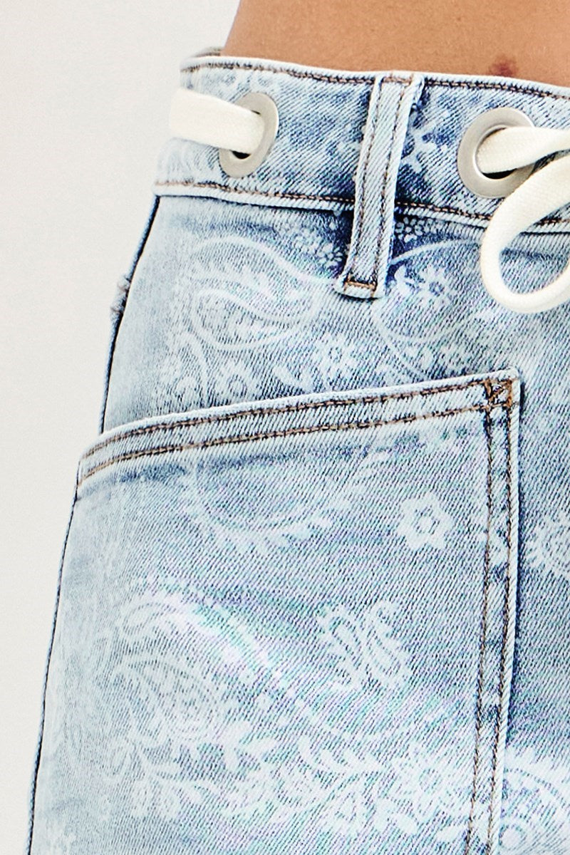Detailed shot of the light wash of the Bandana Blues Paisley Patch Denim Short with Drawstring