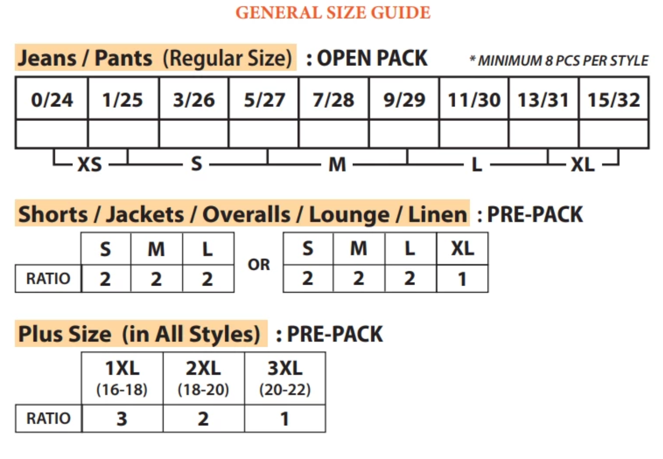 Size Chart for Risen Jeans