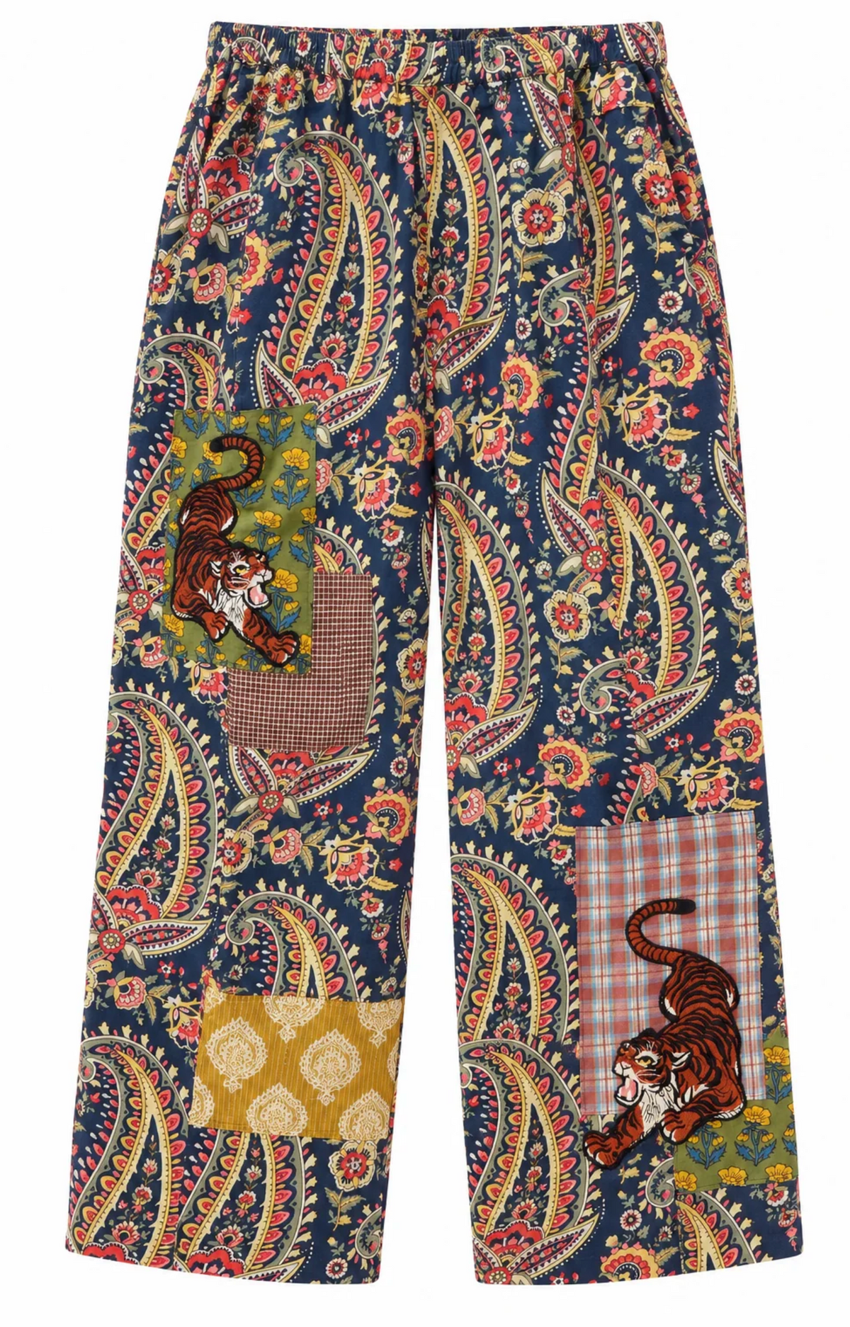 IVY JANE navy paisley barrel pants with tiger patches and contrasting olive floral, pastel plaid, brown check and golden patterned patches, front view