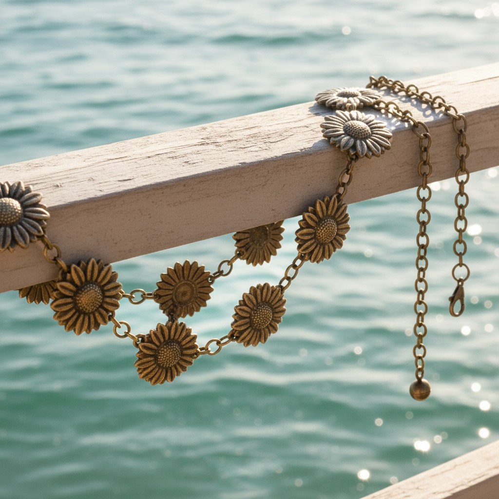 Gold floral necklace on a wooden railing with water in the background